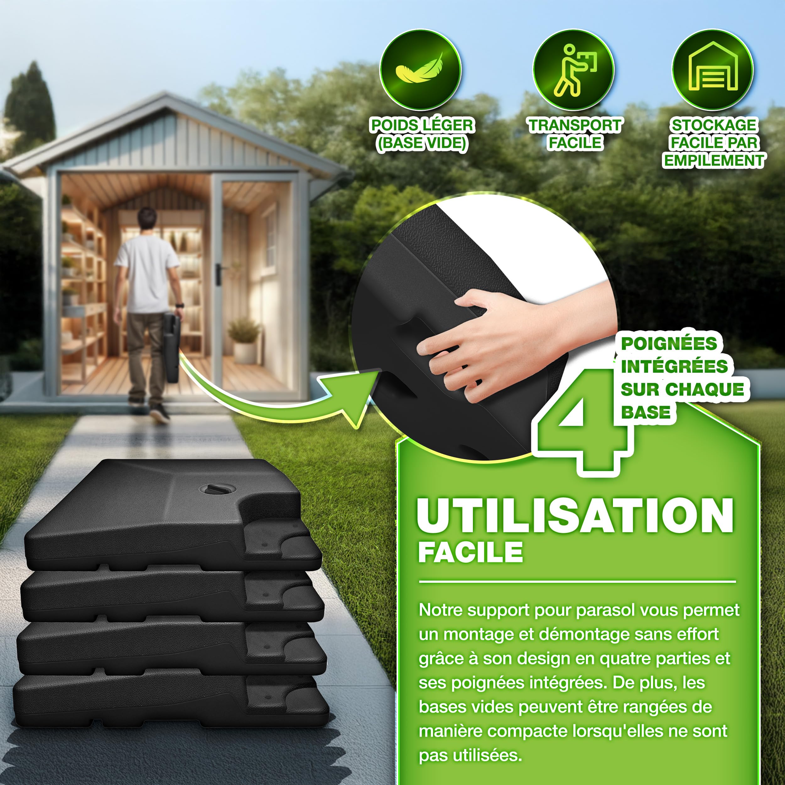 tillvex® Lestage & Dalles Carrées pour Parasol Déporté – Pied de Parasol 90 litres / 120 kg, 4 Pièces avec Connecteur Métallique | Base Remplissable avec Eau ou Sable | Support de Parasol (Noir)