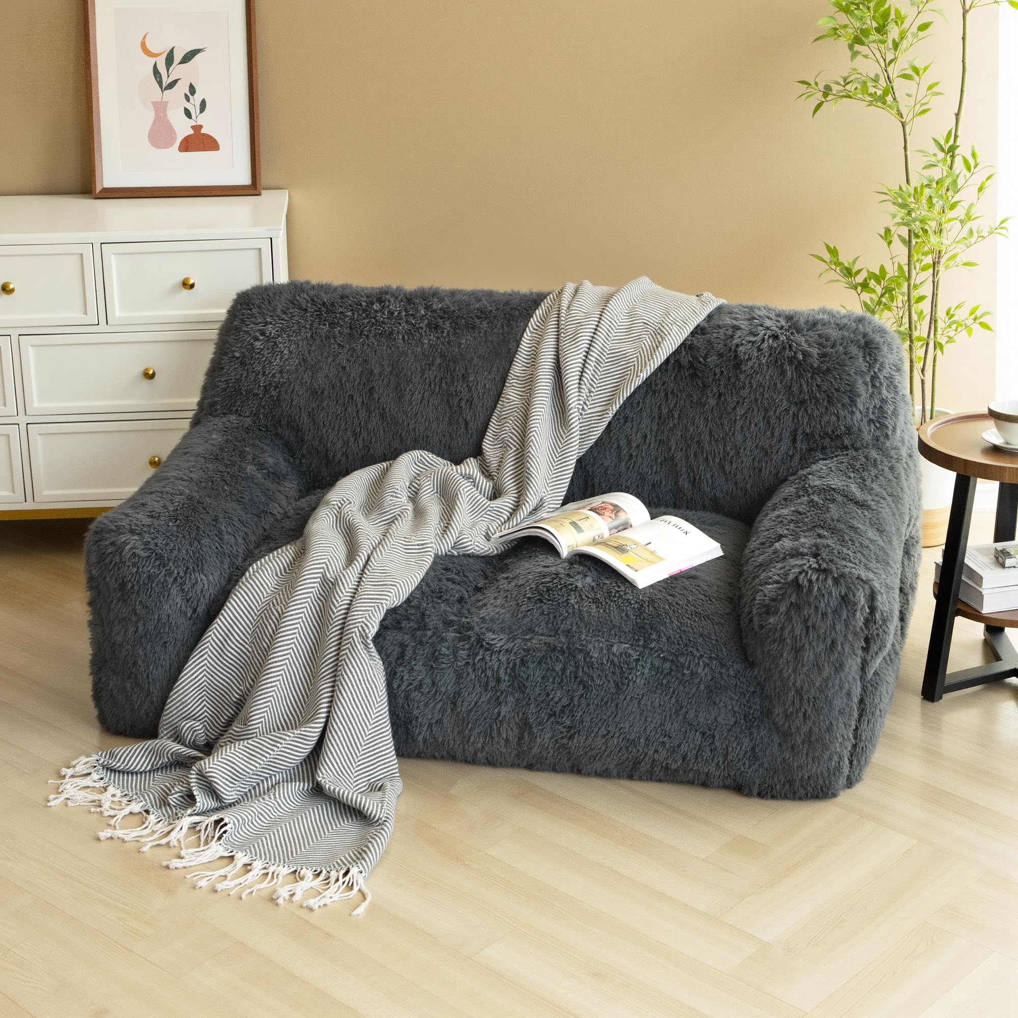 Pamapic Pouf Salon, Pouf Géant 2 Places avec Éponge de Remplissage, Fauteuil Salon en Fausse Fourrure, Doux et Confortable, Idéal pour Salon, Chambre, Design Ergonomique pour Adulte, Enfant, Gris
