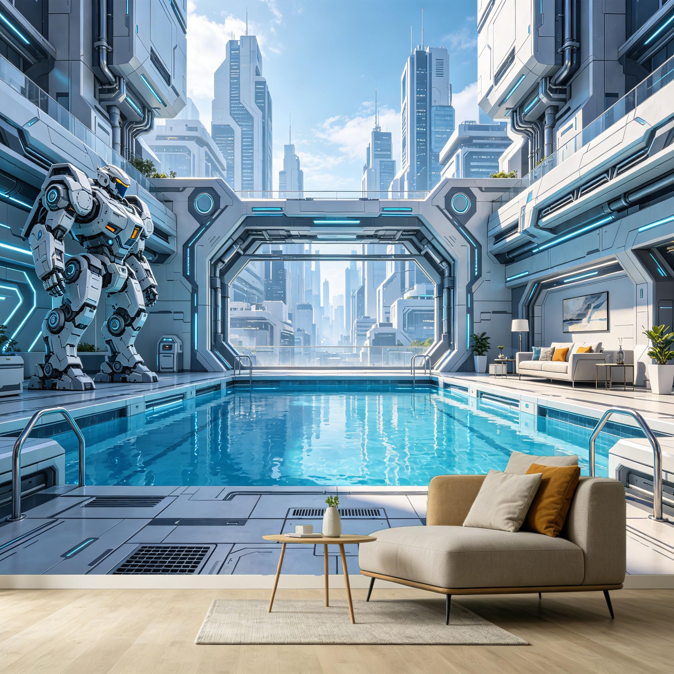 Custom Size Wall Murals Futuristic City Robot SciFi Modern 3D Trompe L'Oeil Swimming Pool SelfAdhesive Wall Fabric Removable Large Wallpaper Photo for Living Room