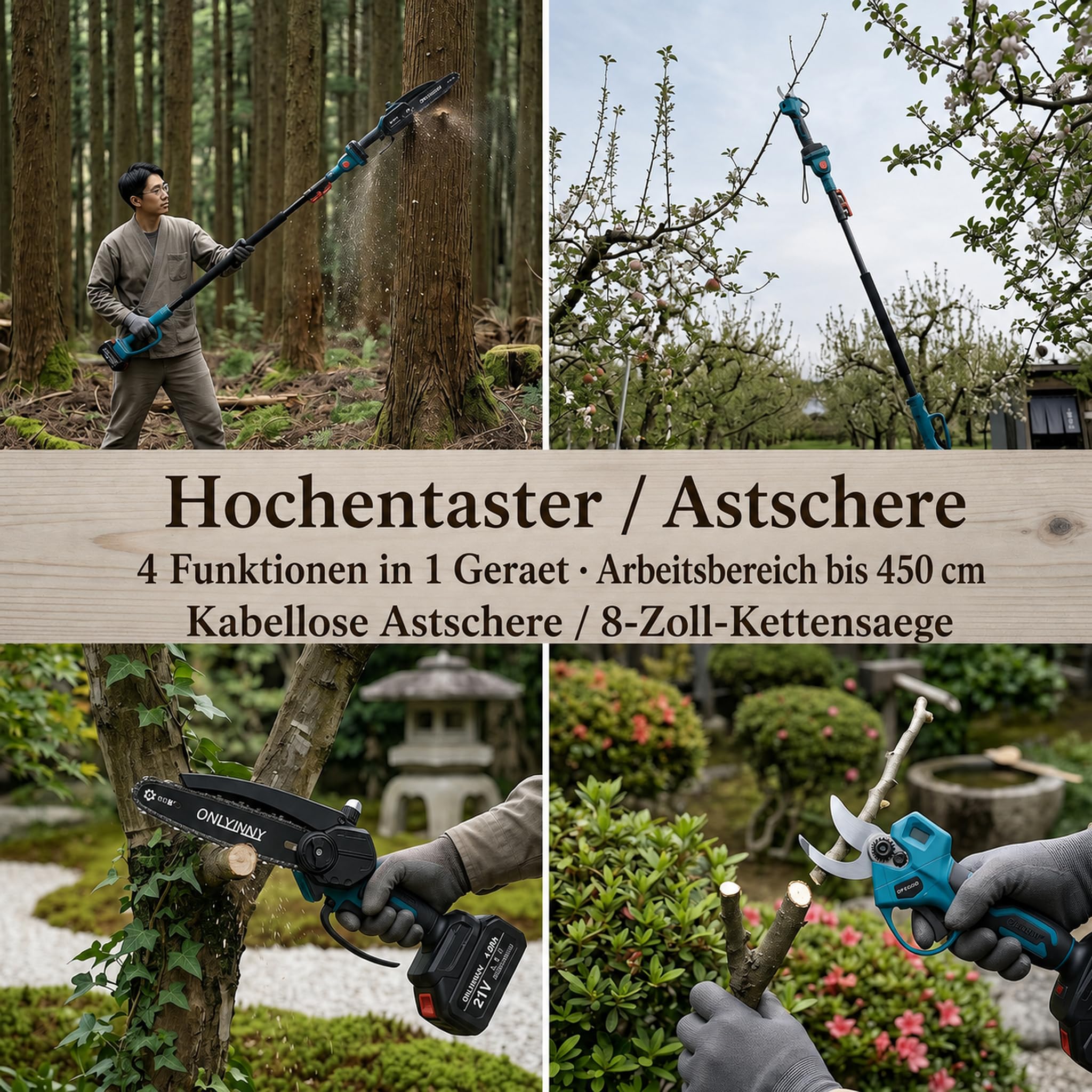 Kit 4-en-1 Tronçonneuse 8" & Sécateur Électrique, moteur brushless, 2 batteries 4Ah, perche télescopique portée 4,57m, outil élagage jardin arbres fruitiers