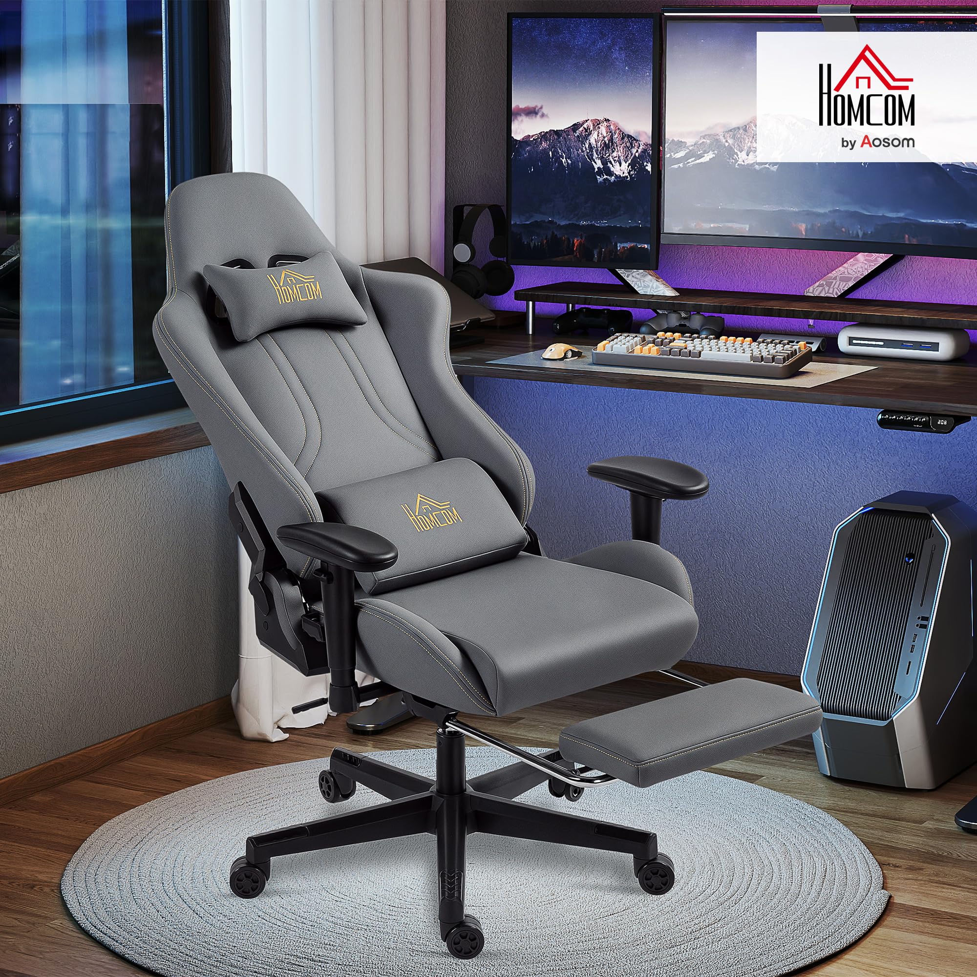 HOMCOM Gaming Stuhl Ergonomischer mit Fußstütze Kopfkissen Dunkelgrau | Wildlederimitat Gamer Stuhl, Lendenkissen, Gaming Sessel, 3D Armlehnen, Höhenverstellbar Bürostuhl