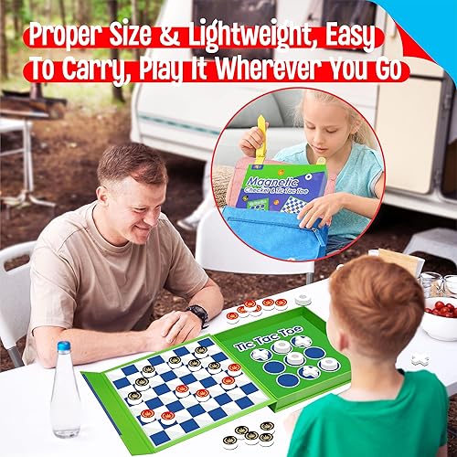 Miniatura 5 de Juego de damas 2 en 1, tablero de juego magnético - Damas y Tic-Tac-Toe, juego de viaje de espuma gruesa con 59 calcomanías de recompensa para niños