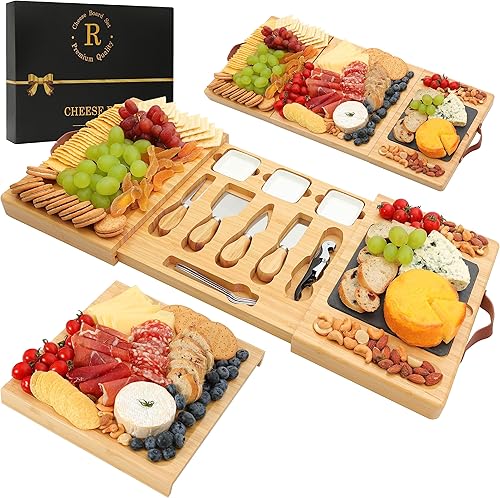 Tablas de embutidos de bambú para quesos  Bandeja de queso y bandeja para servir, juego de regalo grande con cubiertos de queso, tablas de queso