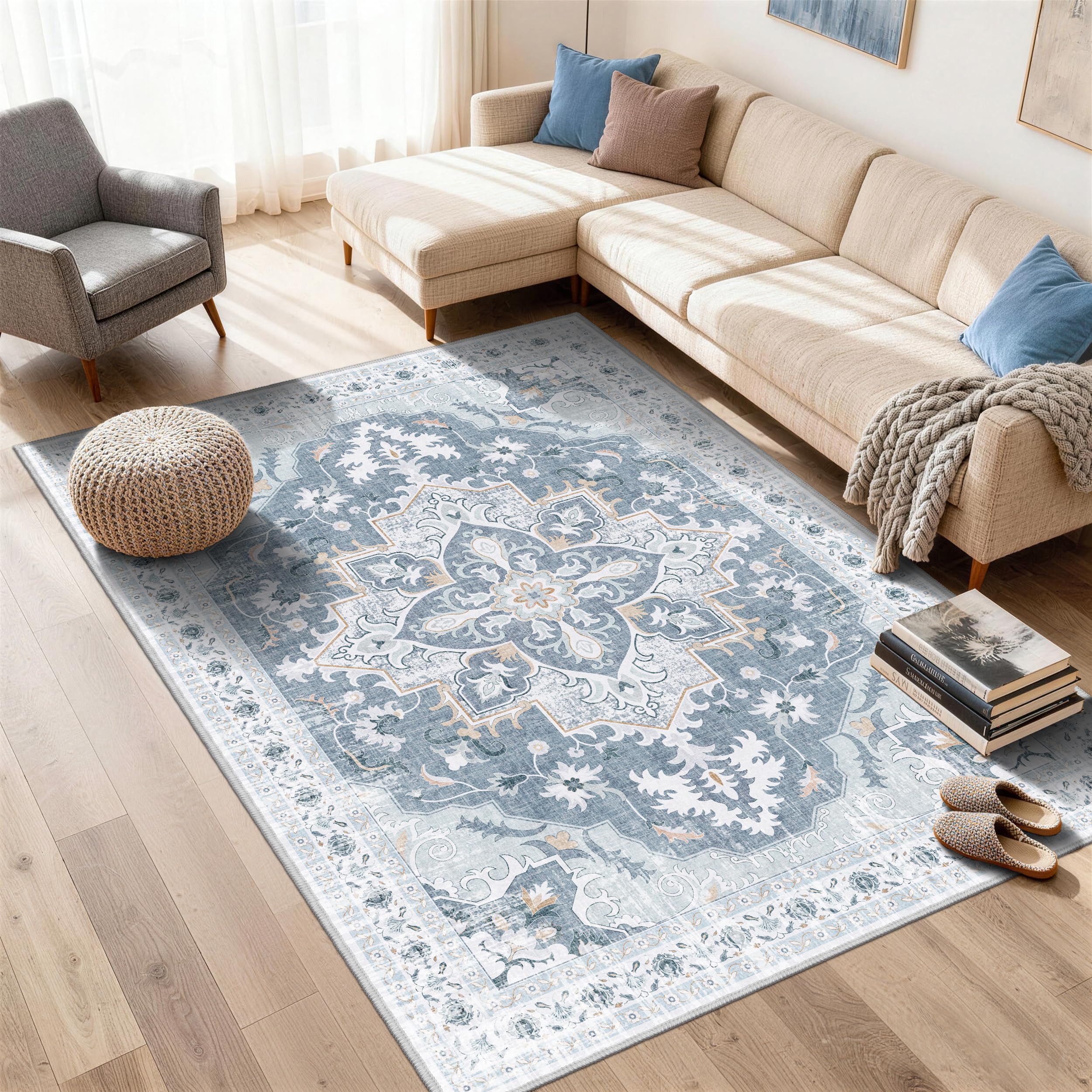 TTelephant 6x9 Area Rugs for Living Room, Soft Non-Slip Vintage Medallion Rug, Low-Pile Printed Washable Blue Gray Rug for Living Room, Bedroom,