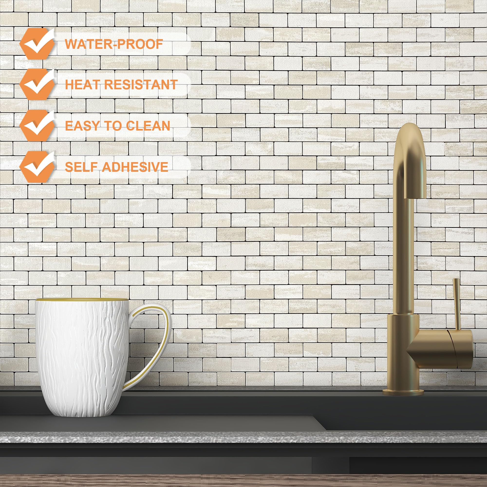 VAOVI Klebefliesen Küchenrückwand Aufkleberfliesen,Mosaik Metallfliesen Selbstklebend Matte Steinoptik U-bahn Wandfliesen(Hellgrau Weiß,10 Stücke)