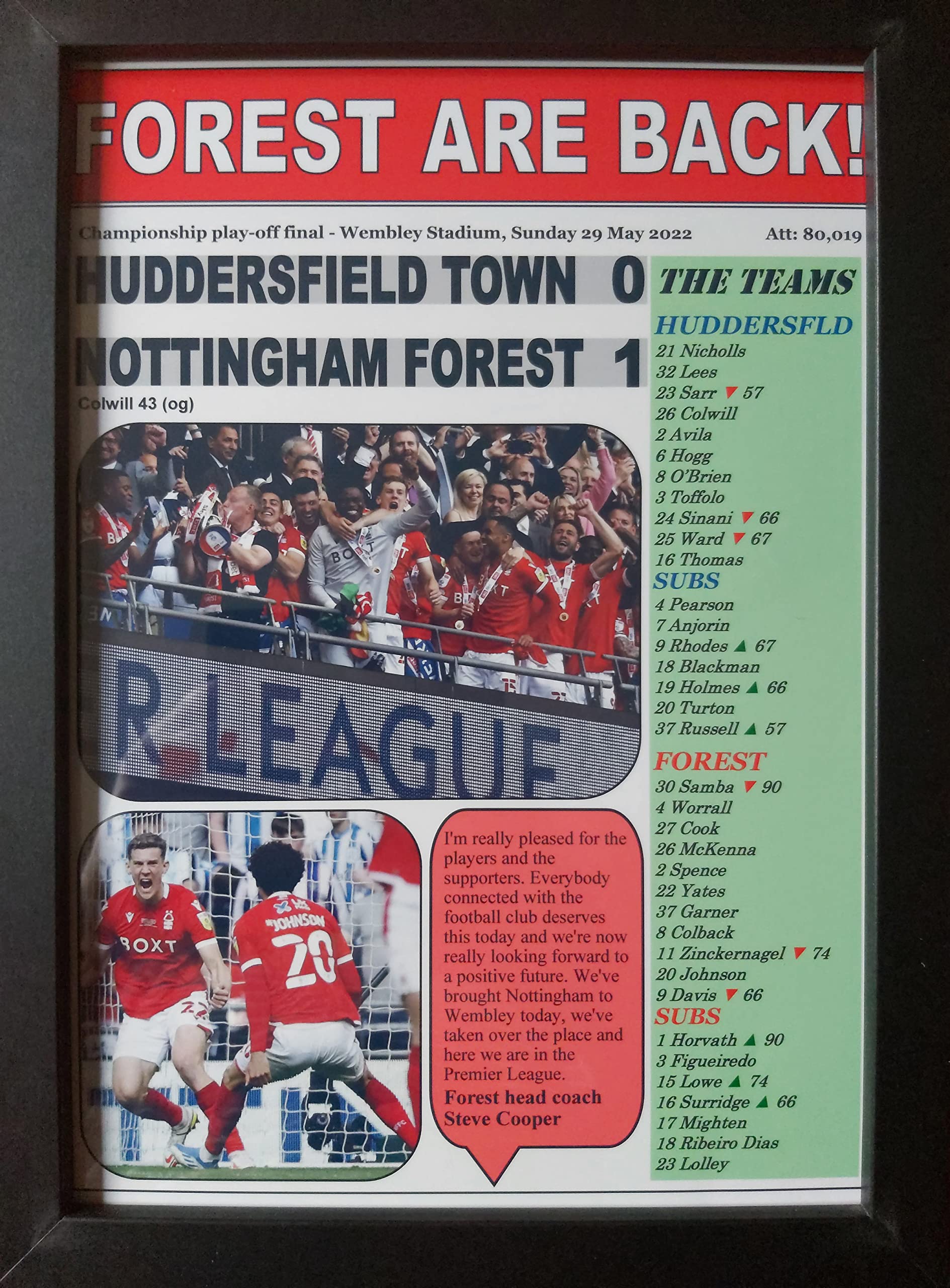 Assorted Black Huddersfield Town 0 Nottingham Forest 1-2022 Championship Play-Off Final - Framed Print