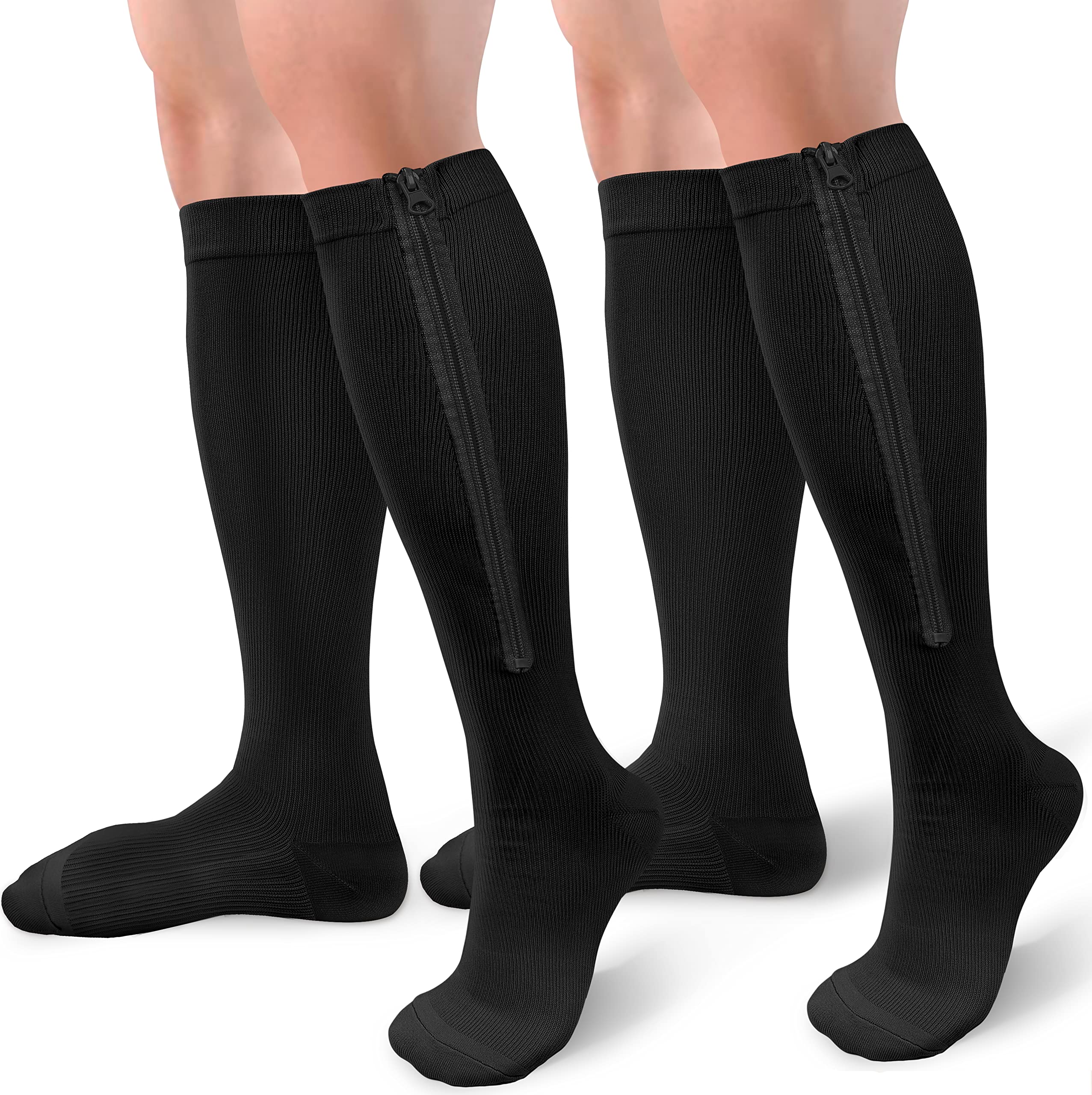 Photo 1 of ACTINPUT 2 Pairs Compression Socks Toe Open Leg Support Stocking Knee High Socks with Zipper A2-close Toe-black Small-Medium