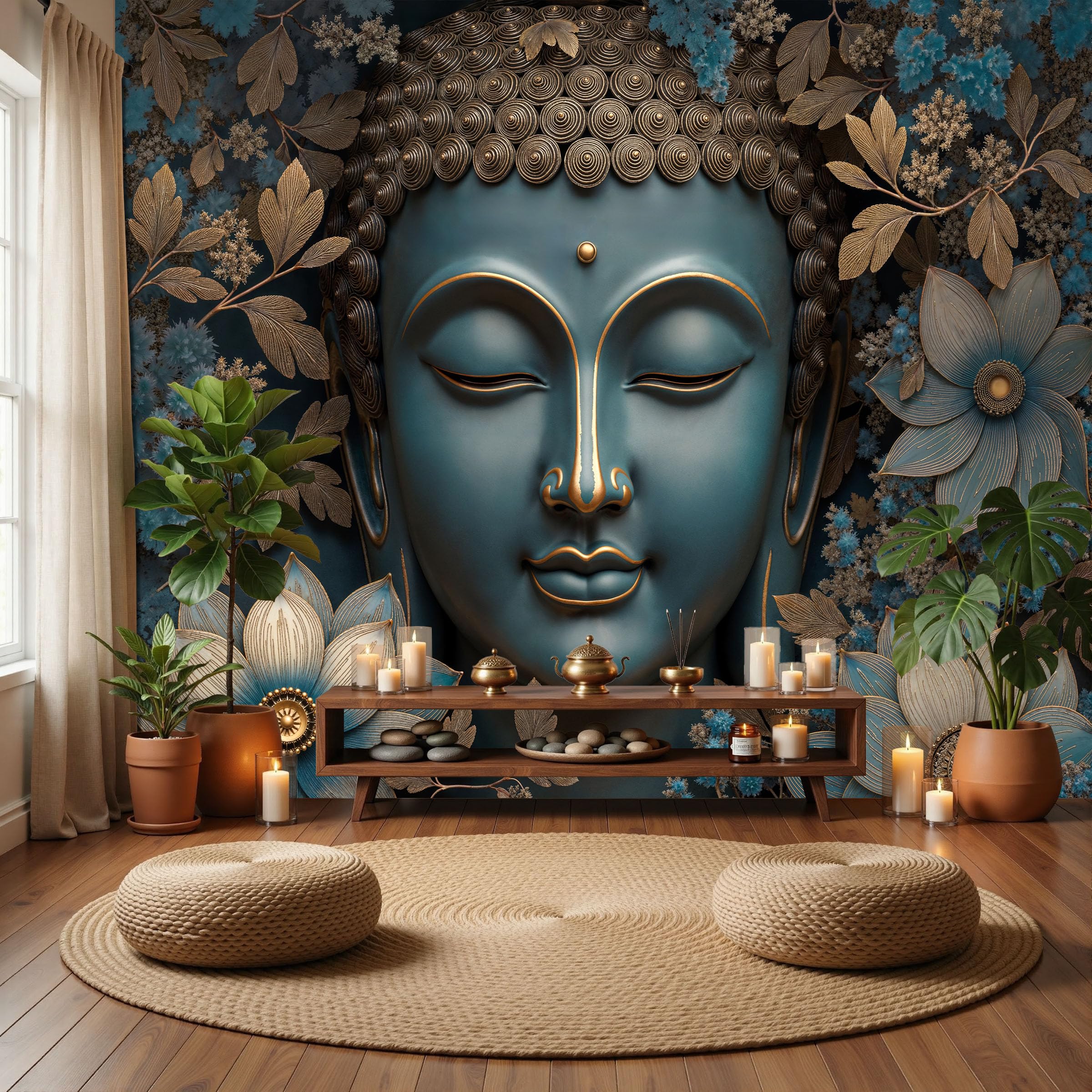 Photo Wallpaper Meditation Theme 3D Effect Panoramic Mural Buddha Statues With Abundant Flowers Wall Paper for Bedroom, Living Room, Restaurant, Cafe Fireplace Wall Decoration, 350x256cm Blue-Gray