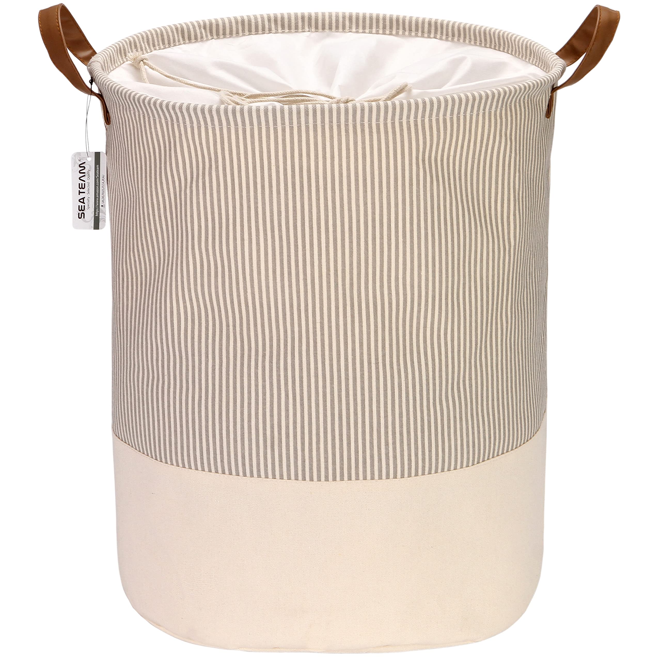 Sea Team Grey Stripe Canvas Laundry Basket PU Drawstring Carry Handles — image 1