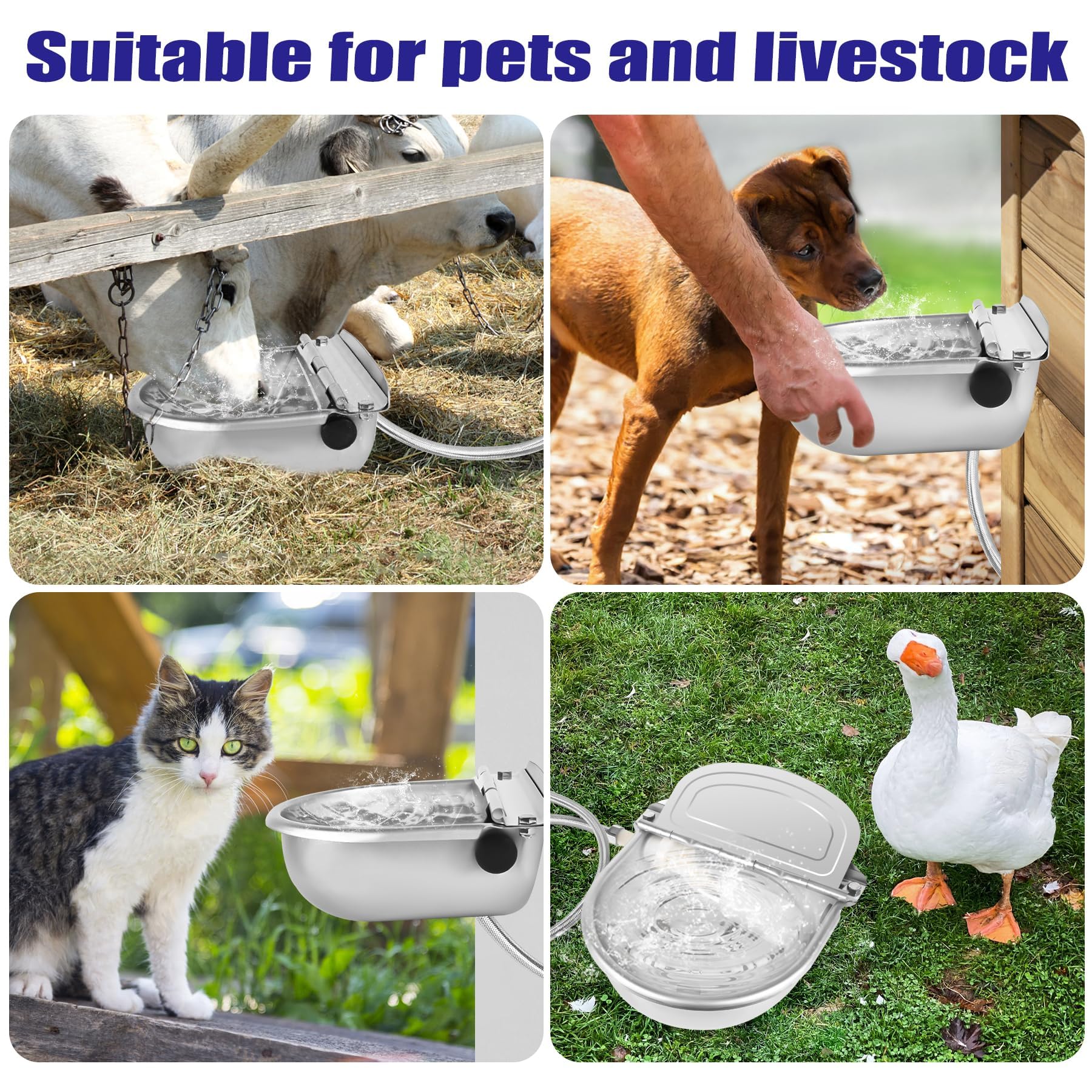 ToLanbbt 2 cuencos automáticos de agua para caballos con válvula flotante, alimentador de agua para cabras de acero inoxidable, para ganado, llenado automático, cuenco de agua para perros con manguera
