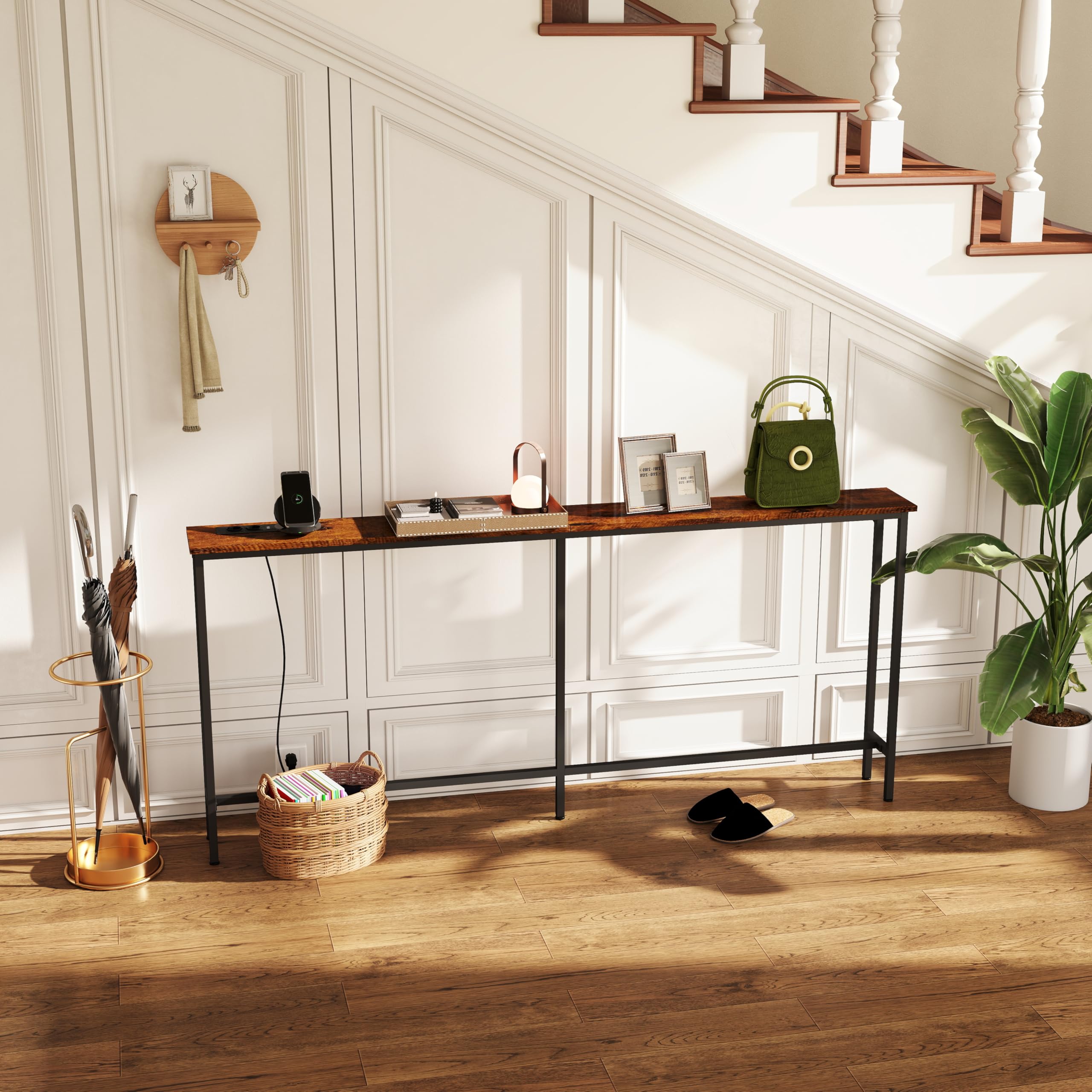 1 Pezzo Tavolo Consolle per Ingresso Larghezza 180 cm con Presa di Corrente, Profondità 20 cm Tavolino Laterale per Corridoio/Ingresso/Veranda/Balcone/Soggiorno, Marrone e Nero/180x20x80 cm