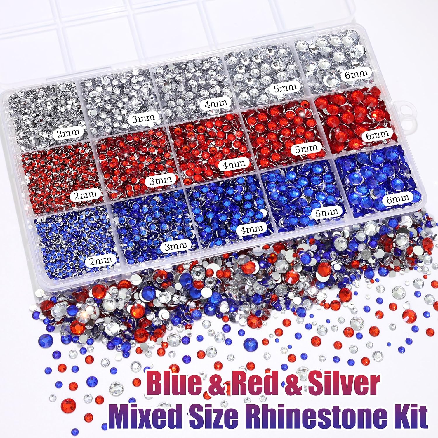 RODAKY Rhinestone for Bedazzling Blue Red Resin Gems Mixed Size Flatback Rhinestones Bedazzler Kit 4th of July Crystal Jewels for Crafting Design Face Makeup Clothing