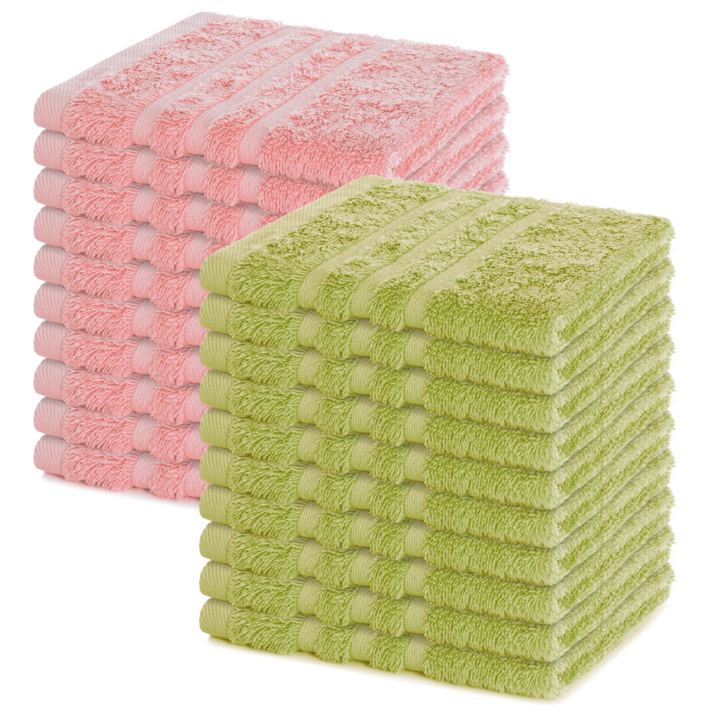 Lavea® Lot de 20 Lavettes 30x30 cm en Éponge 100% Coton – Serviettes Visage et Invités, Douces et Absorbantes – pour Bébés, Maquillage, Cuisine, Maison et Voyage - Vert Clair et Rose Pastel