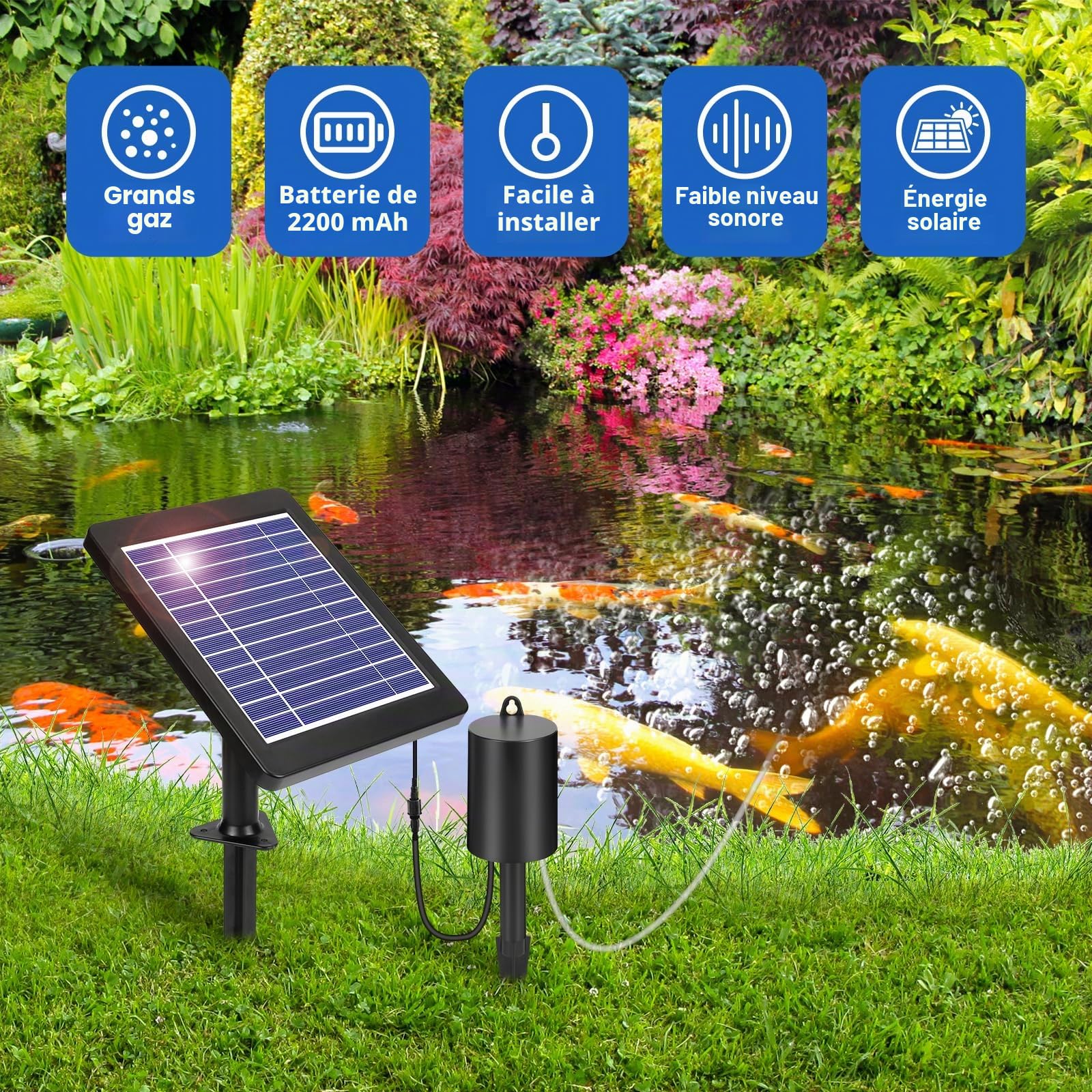 GuKKK Kit de Pompe à air à énergie Solaire, Pompe à oxygène Solaire pour Aquarium 4 W, aérateur Solaire de Bassin, tuyaux et Pierres de Ventilation, pour Aquarium, étang de pêche