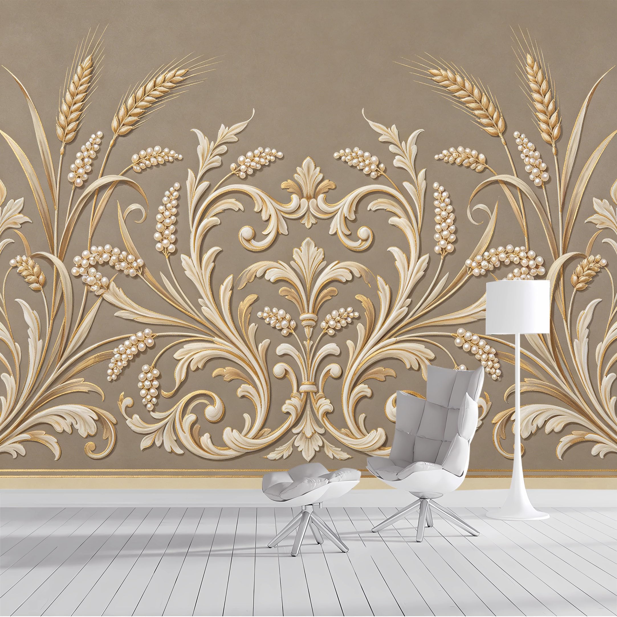 Custom Size Wall Mural Gold Wheat Floral Scroll Pearl Embellishment European Classic SelfAdhesive Wall Fabric Removable Peel and Stick Wallpaper Wall Decor for Living Room Bedroom Bathroom