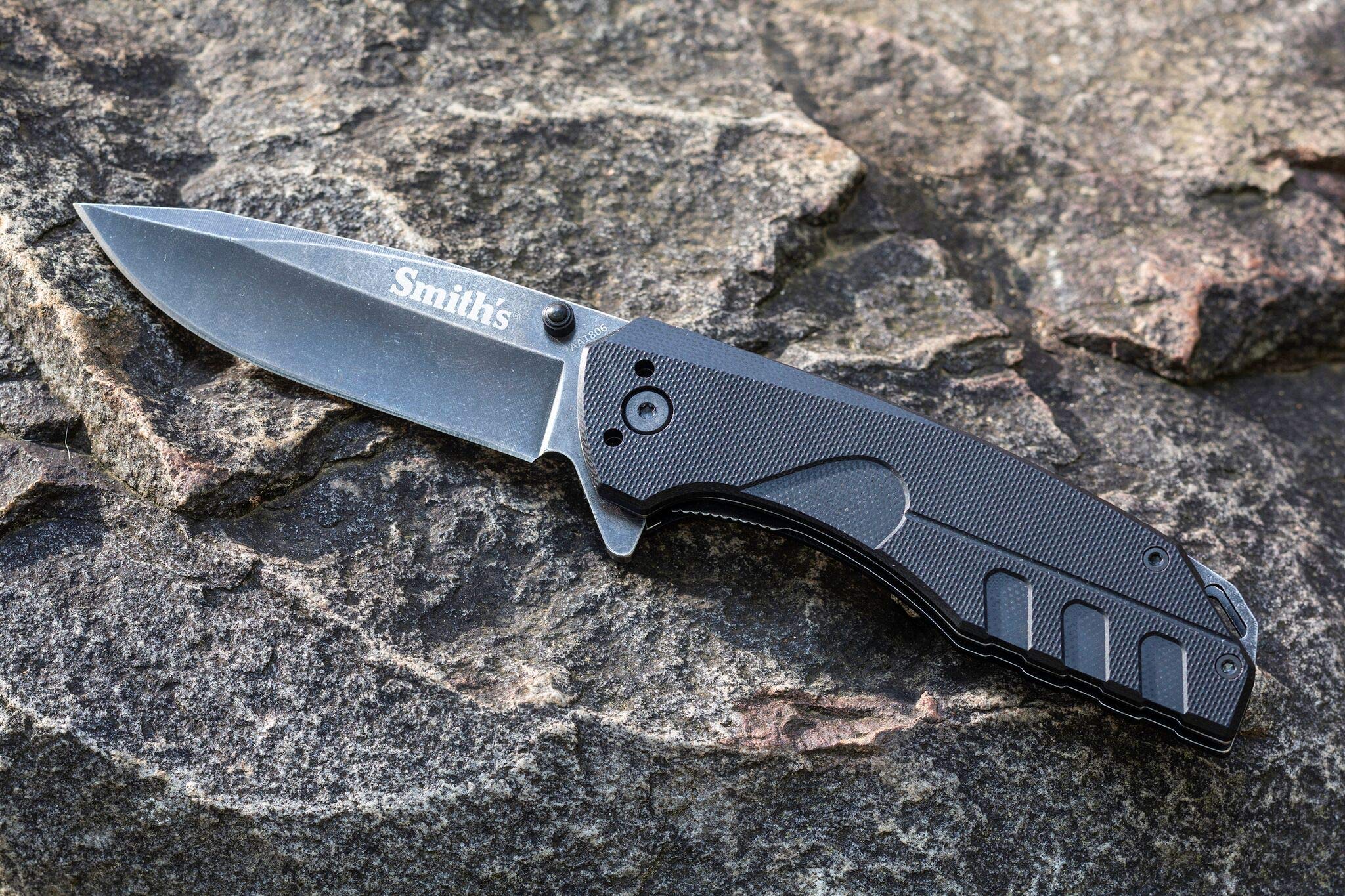 Smith's 50994 Battleplan Pocket Knife – Black – 3.35” Stainless Steel Lock Back Blade – Easy Open Flipper – Everyday Carry Work, Military, Hunting, Outdoor – Straight Edge Tactical Knife – Foldable