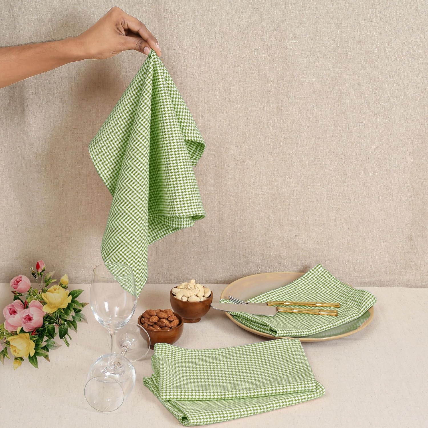 Native Fab Easter Cloth Napkins Set of 12 - Houndstooth Pattern - 100% Cotton Bulk Spring Table Linens - 18x18 Inches, Soft, Absorbent, Reusable Fabric for Large Gatherings, Family Dinner, Mint Green