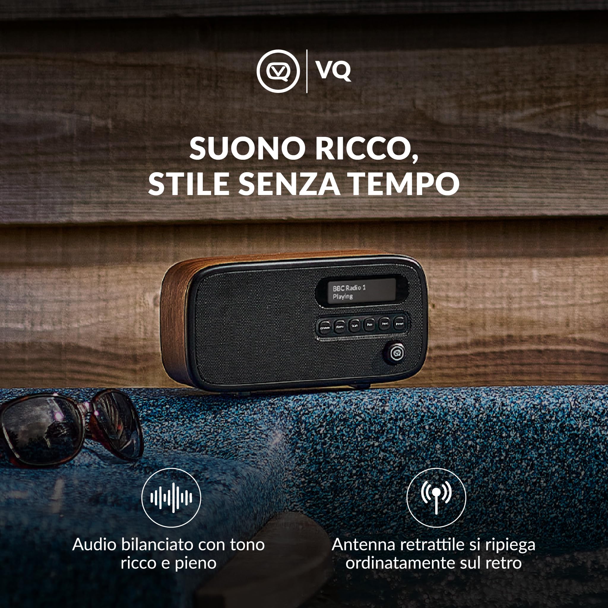 VQ Dexter Radio DAB Plus/DAB con FM, Altoparlanti Stereo da 3W e Schermo LCD - Alimentata da Rete e Batteria, Radiolina Portatile con 60 Preselezioni, Antenna e Presa Cuffie - Noce