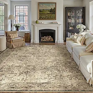 8x10 Area Rug Washable Vintage Neutral Living Room Carpet Large Indoor Non Slip Brown Bedroom Distressed Low Pile Retro Accent Throw Rug for Dining Room