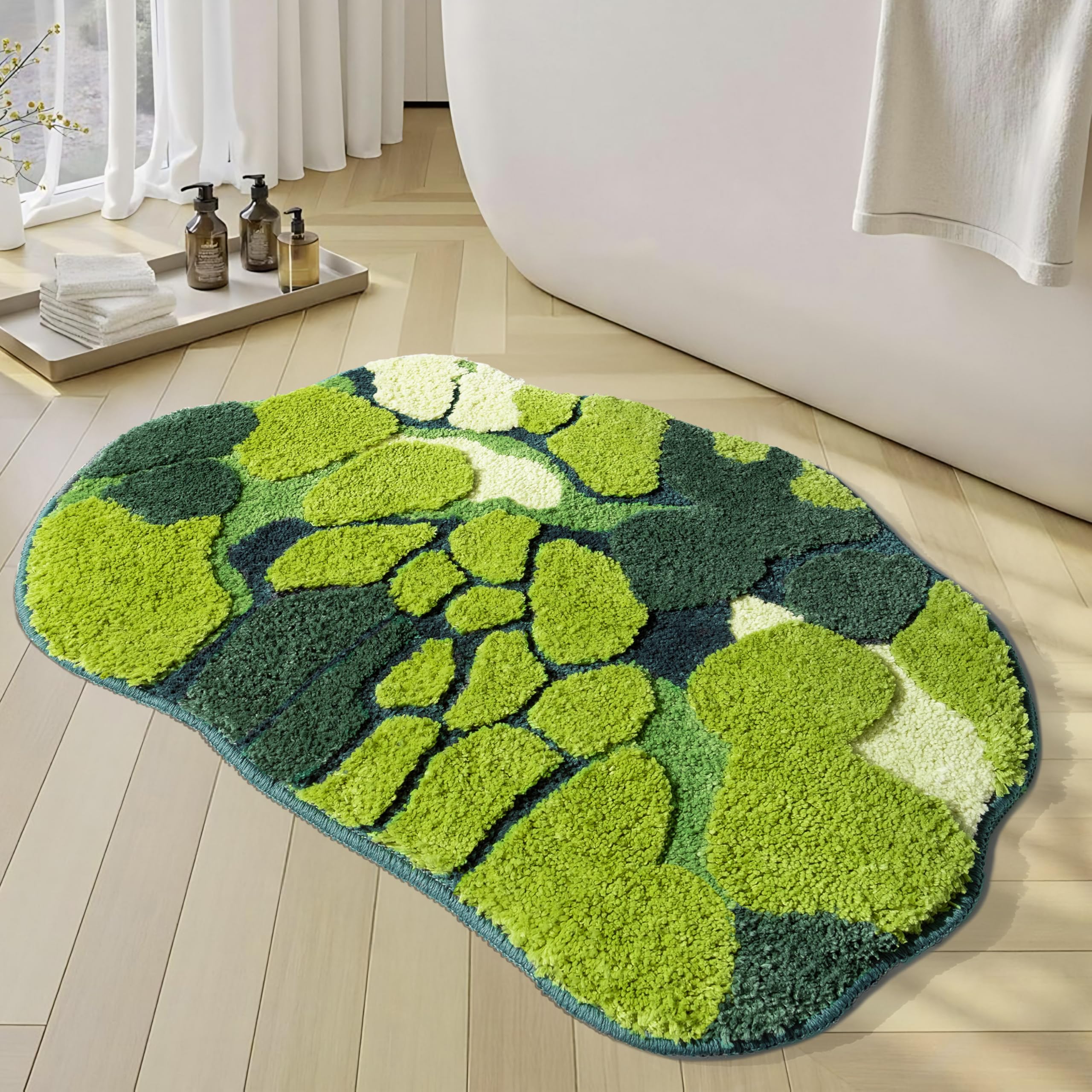 RORABathroom Rugs Moss Bath mat Green Bath mat Cute Leaf Bath Mat Non Slip Soft Microfiber Water Absorbent Aesthetic Moss Rug College Decor for Bathroom Shower,3D Rugs 32×20 Inch