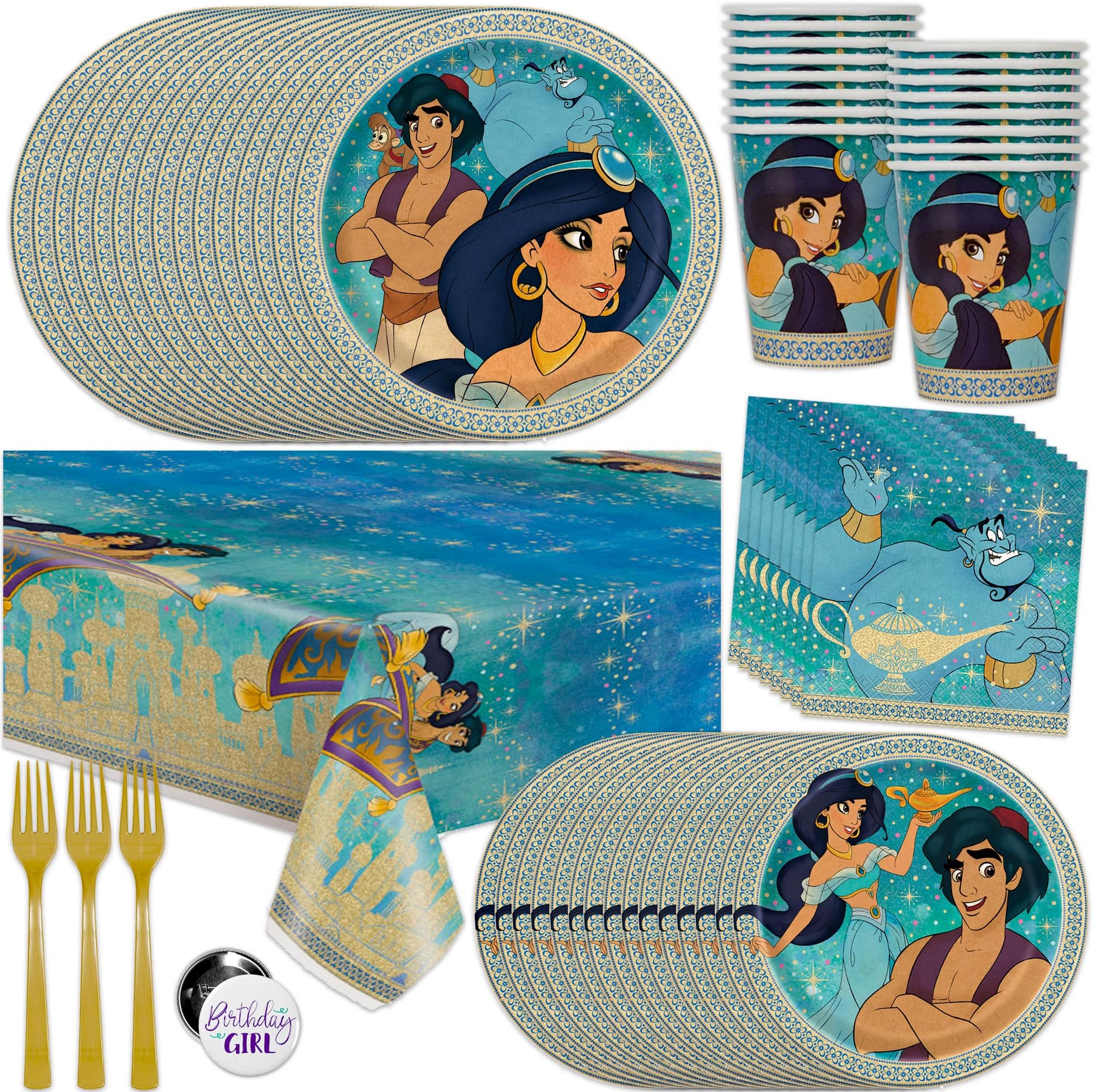 Aladdin Party Decorations | Princess Jasmine Party Decorations | Serves 16 Guests | Tablecover, Plates, Napkins, Forks, Button | Officially Licensed