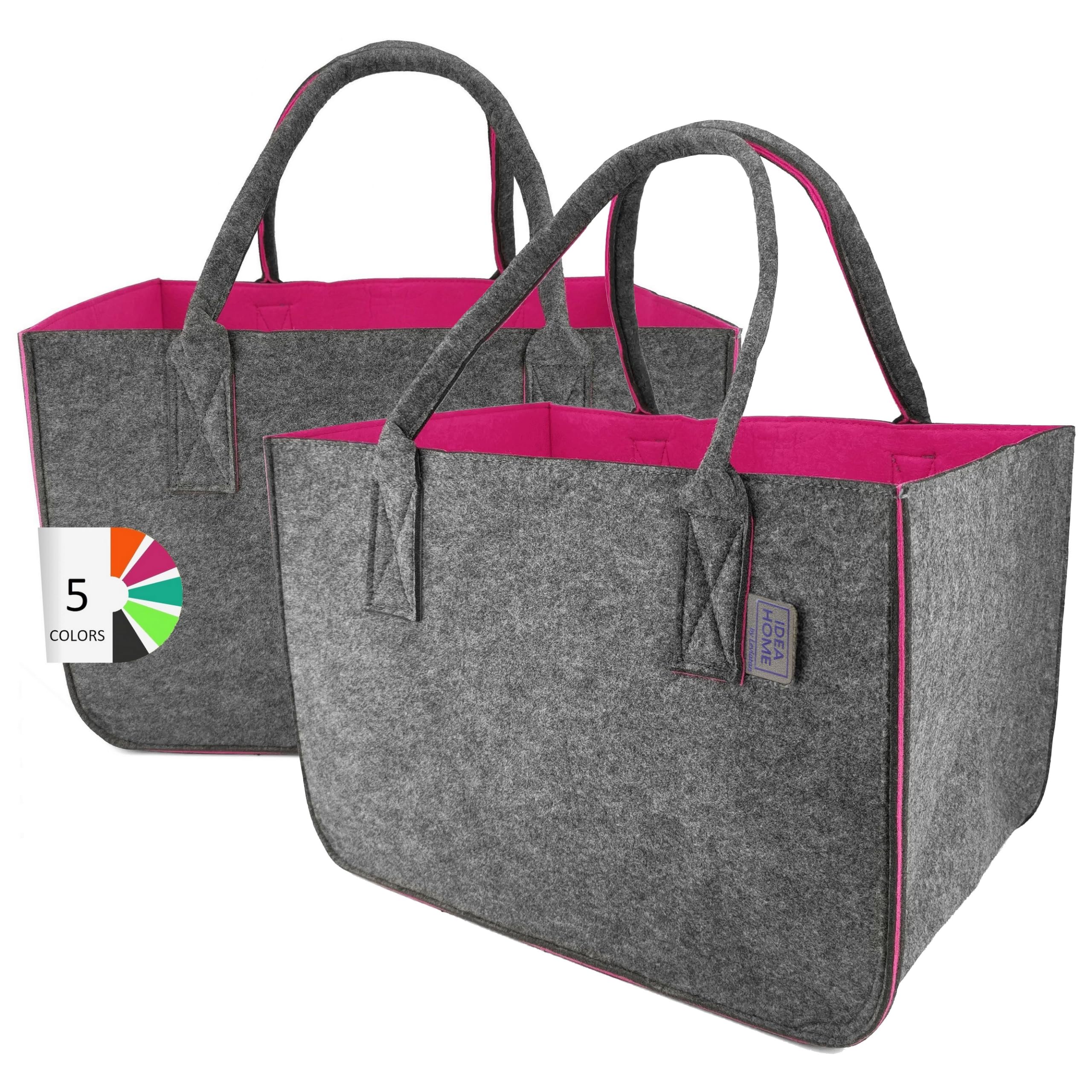 LEVIATAN Felt Bag Shopper Large 30 Litre Shopping Bag XXL Foldable Shopping Basket Firewood Bag Clothes Basket Toy Bag Dark Grey/Black, Raspberry colour, XL, 2 pieces