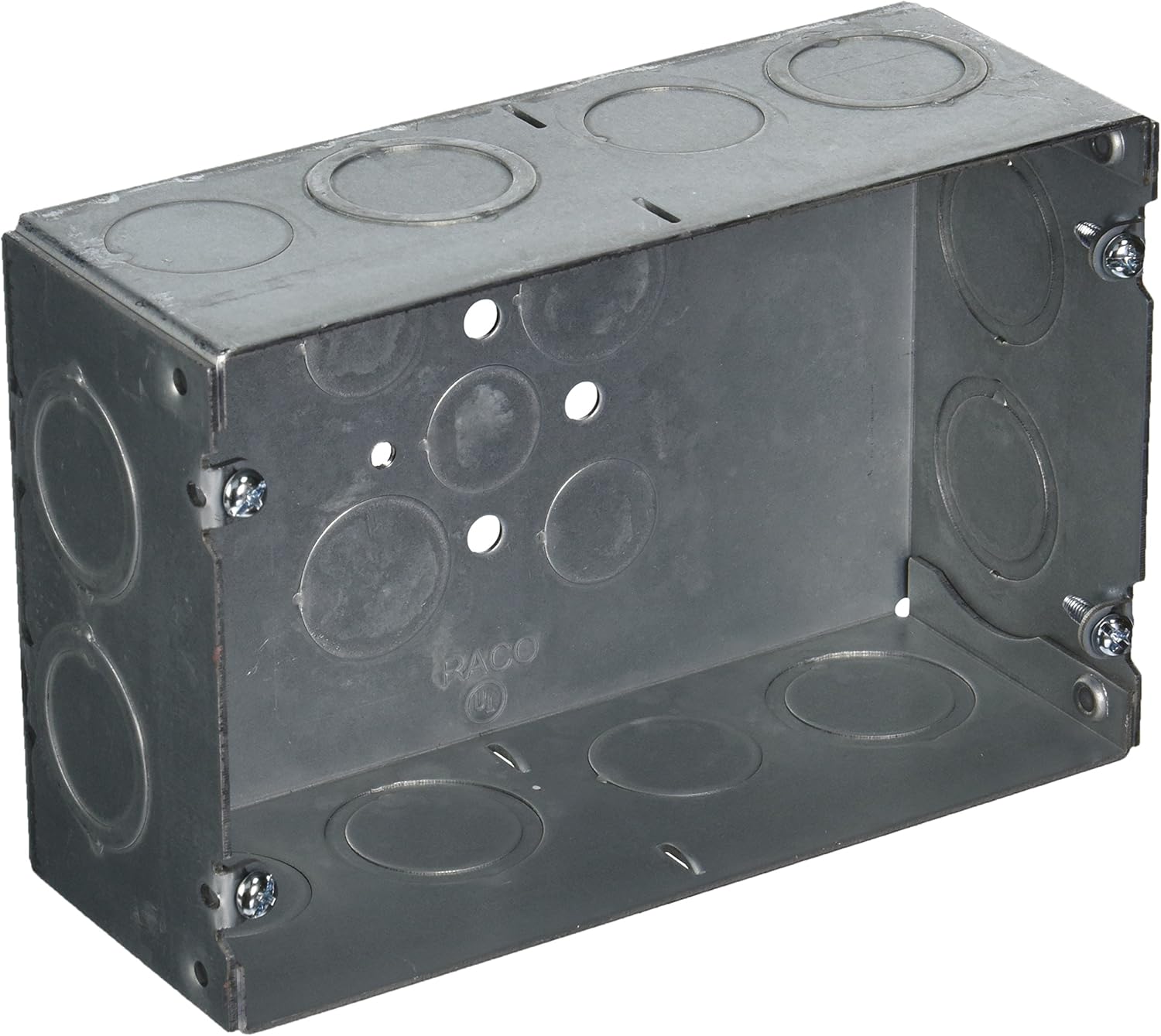RACO 941 (2) Gang 2-1/2-Inch Deep Welded Gang Electrical Box with (4) 3/4-Inch, (8) Concentric 1/2-Inch and 3/4-Inch Knockouts