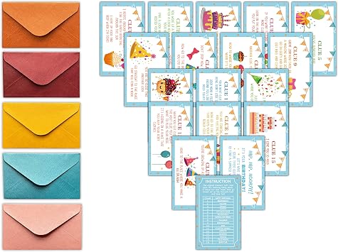 Birthday Treasure Hunt Clues Game Cards, Scavenger Hunt Card Game 18 Cards with Colorful Envelopes, Indoor Birthday Party Games Supplies Activities A01