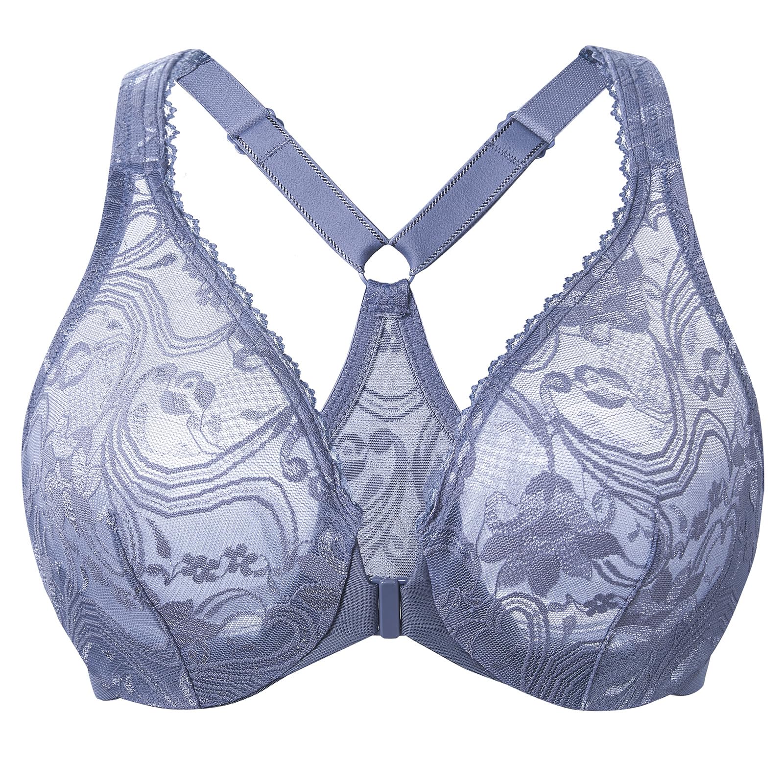 Meleneca Women's Slate Blue Plus Size Racerback Unlined Lace Underwire Front Closure Bra 44F