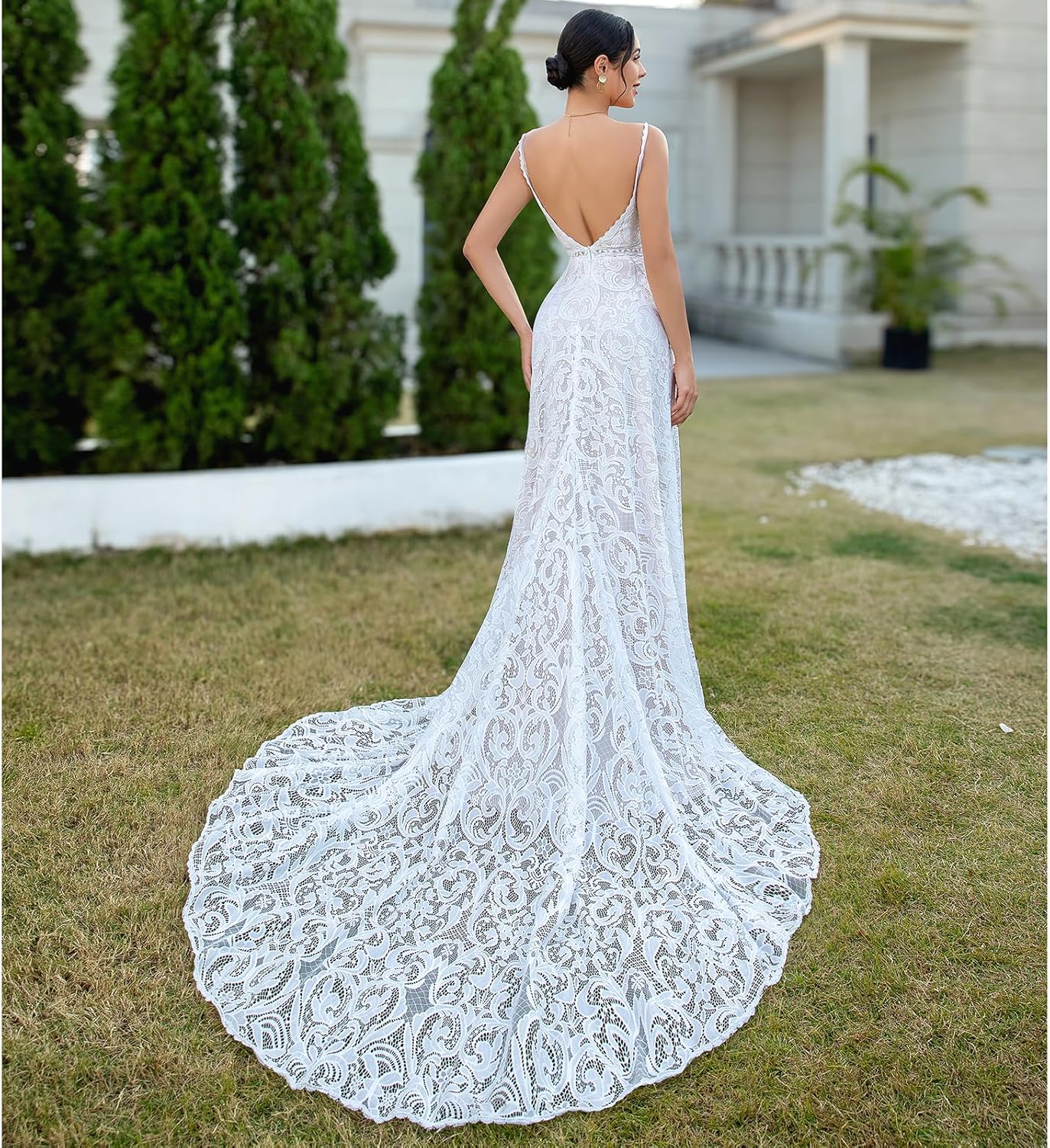 WIOJEIGO Women's Lace Boho Wedding Dress 2025 for Bride Spaghetti Straps Bohemian Long Mermaid Beach Bridal Gowns