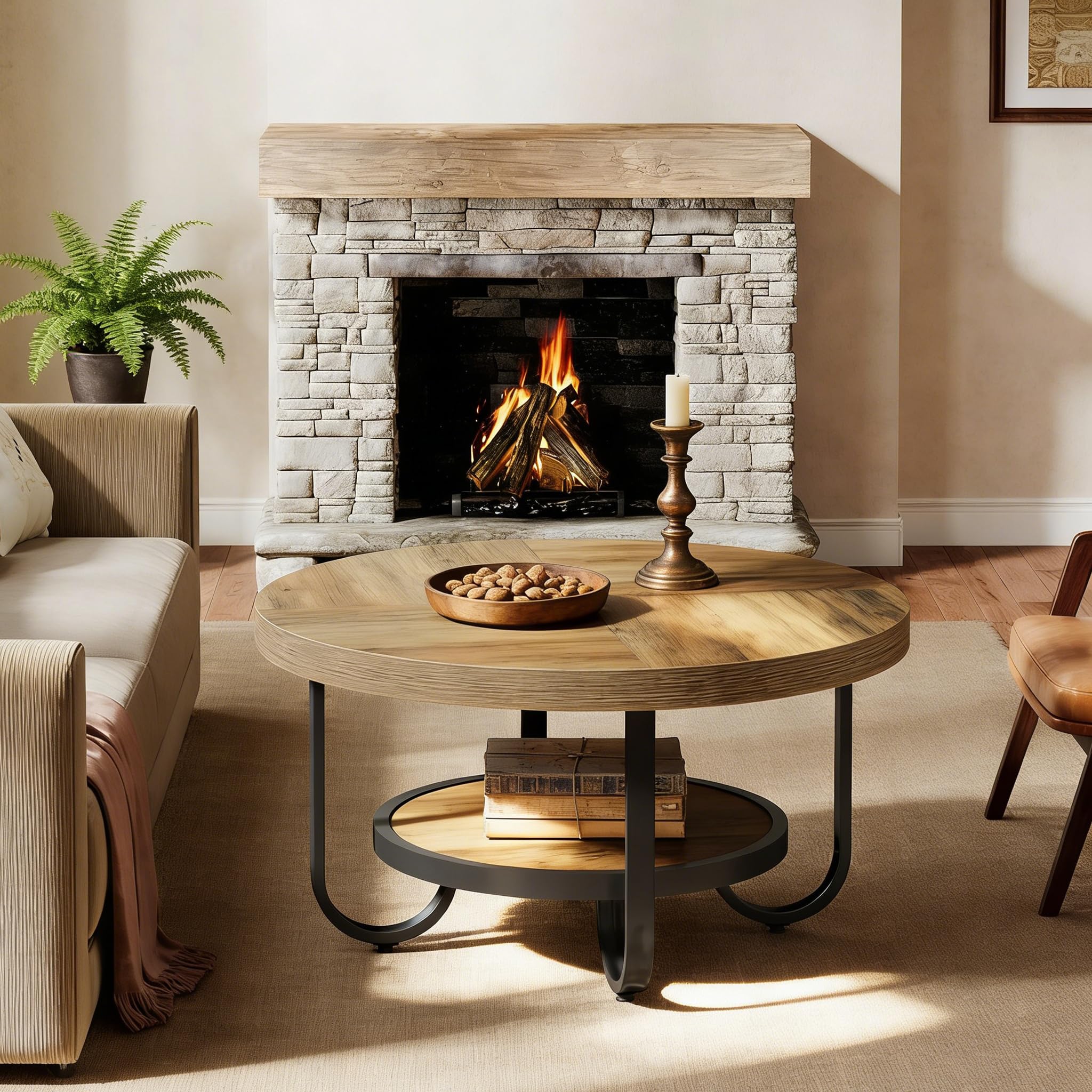 LITTLE TREE Runder Couchtisch Industrial, 2-stöckiger Wohnzimmertisch mit Ablagefach – 79 cm Durchmesser, Braun – Stabiler Sofatisch mit gebogenen Metallbeinen für Home Office & Wohnbereich