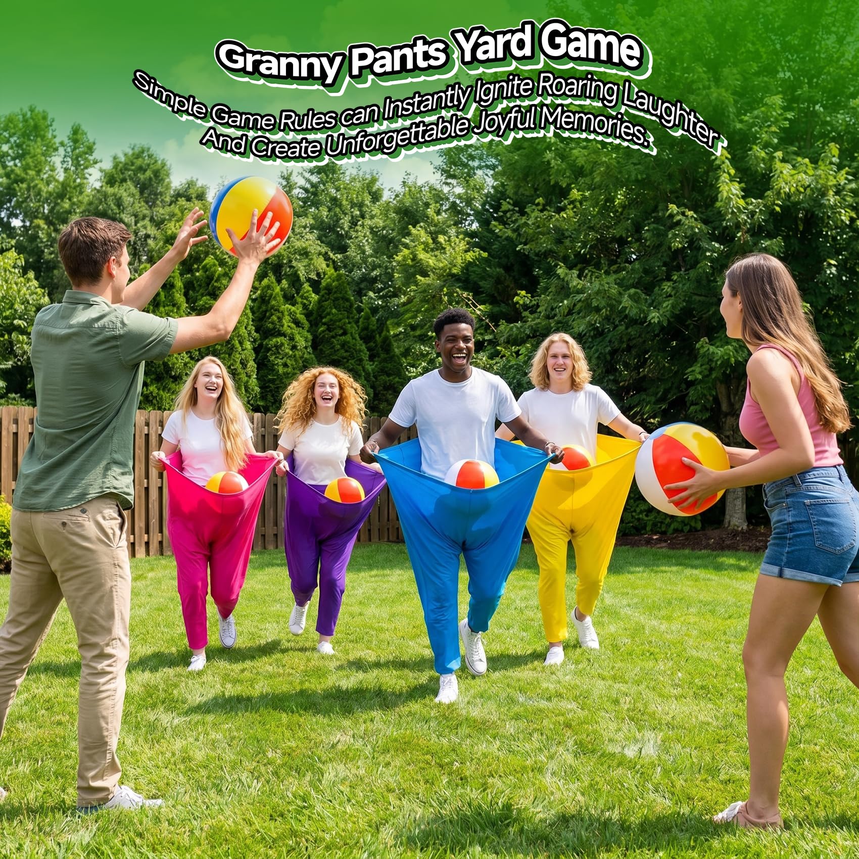 Granny Pants Partyspiel-Set für 8+ Spieler, 4-farbige Team-Hinterhof-Spiele mit 16 Hüpfbällen und 2 Pumpen – lustige Outdoor-Feldtag-Wurfspiele für Erwachsene, Kinder, Familientreffen, Grillparty