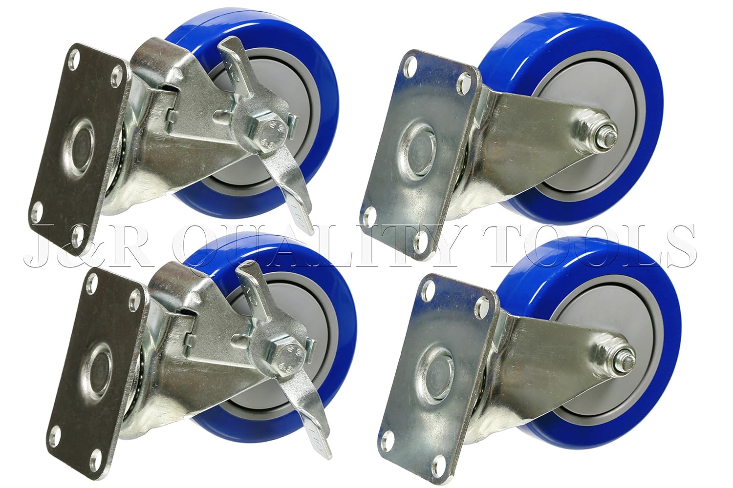 Set of 4 PCS Polyurethane 4" Swivel 2 Wheel Brake Heavy Duty Blue Caster Steel Casters HD