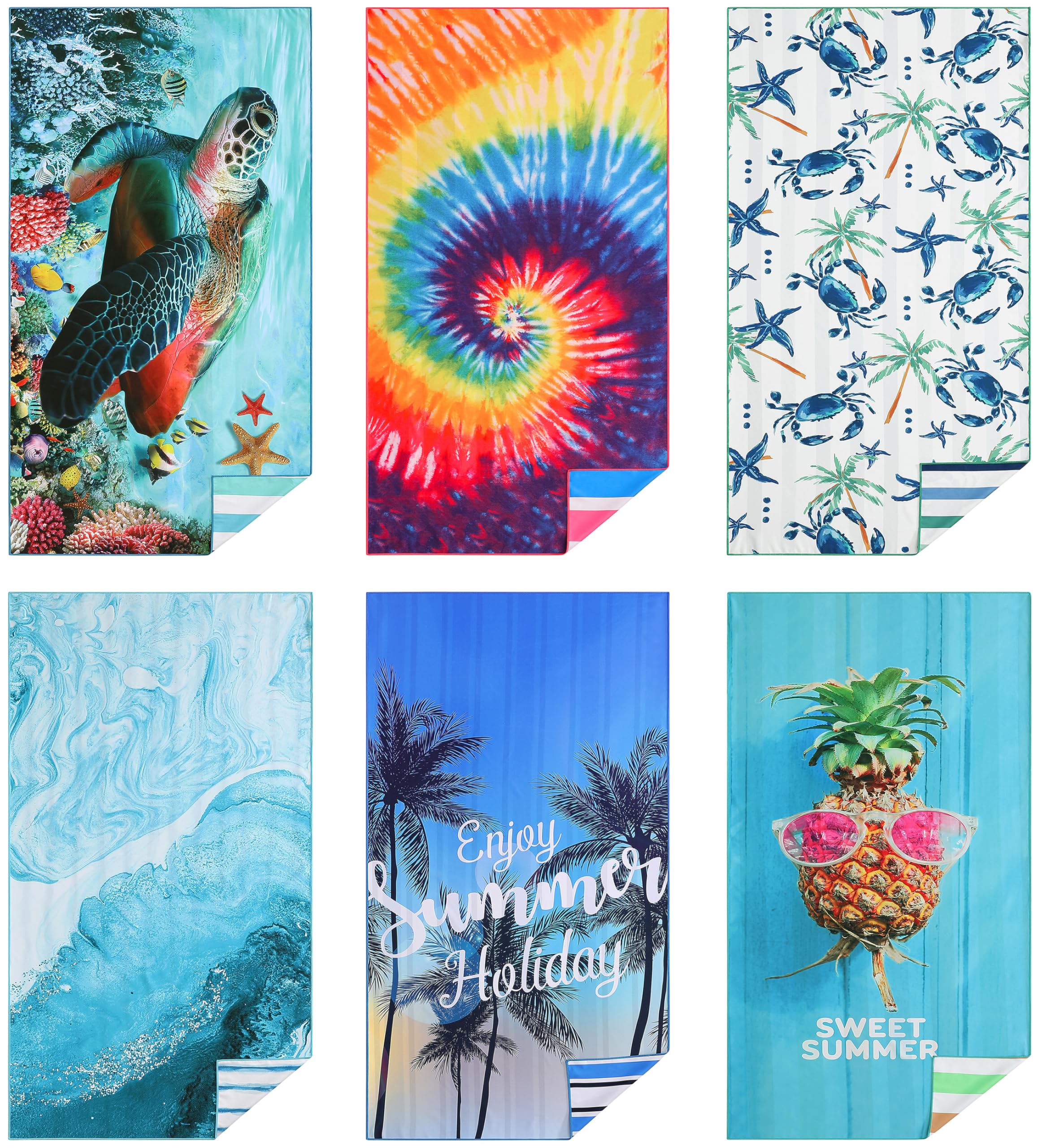 Casa Platino Beach Towel Set of 6 – Extra Large 71"x32" Sand Free Microfiber Towels, Quick Dry & Lightweight with Double-Sided Prints, Mesh Bag