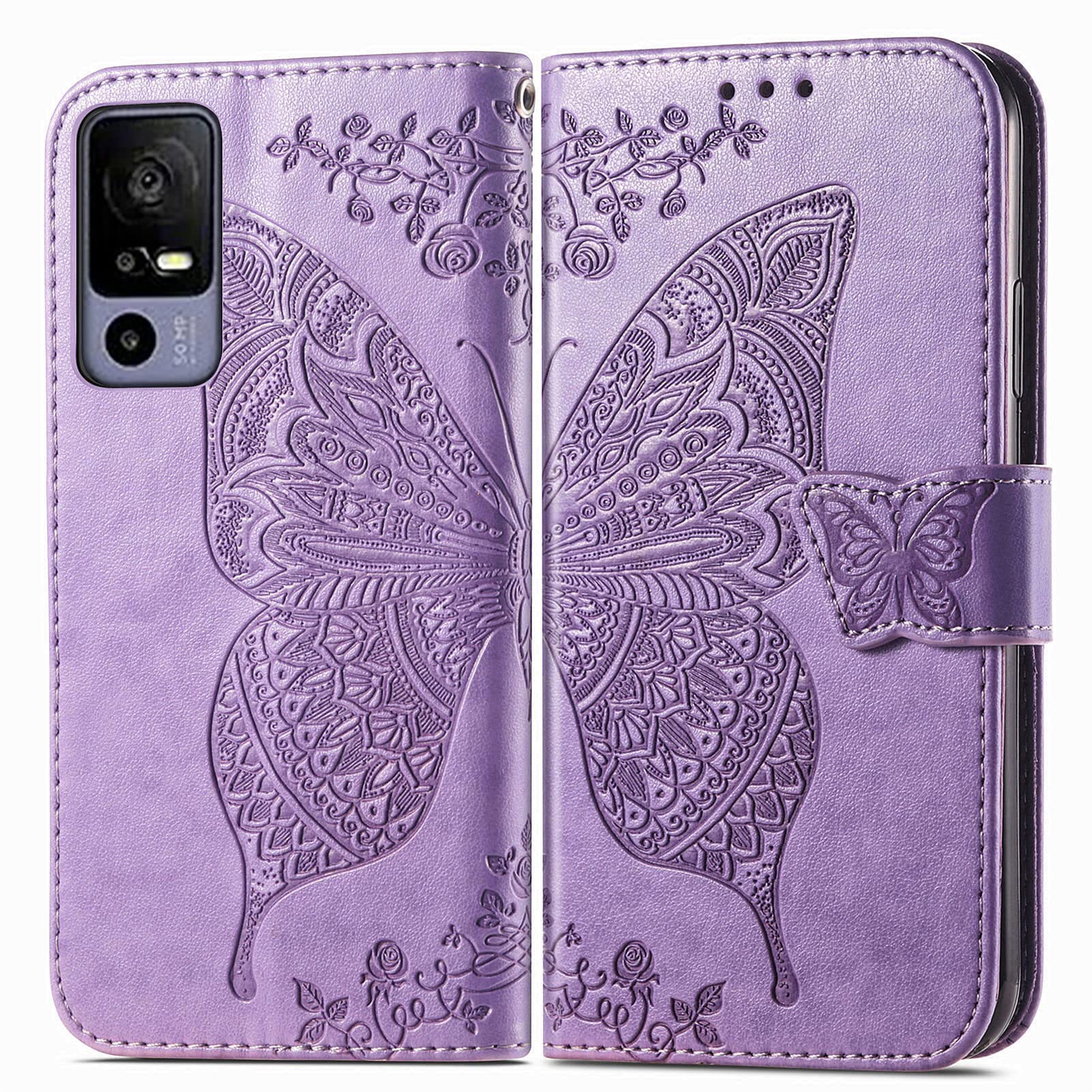 DAMONDY for Jitterbug Smart4 Flip Case,Butterfly Embossed Flowers PU Leather Magnetic Flip Cover Stand Card Holders Hand Strap Wallet Purse Case for Lively Jitterbug Smart4 -Light Purple