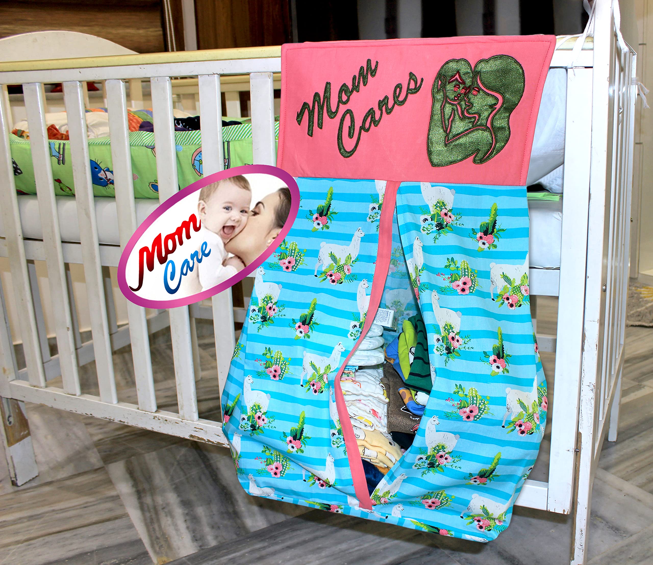 MOM CARE Baby Crib Storage Bag-Baby Stuff Organizer/Diaper Bag Storage/Baby Shower Gift Birthday/Cot organiser/ 31 * 31cm Blue &pink