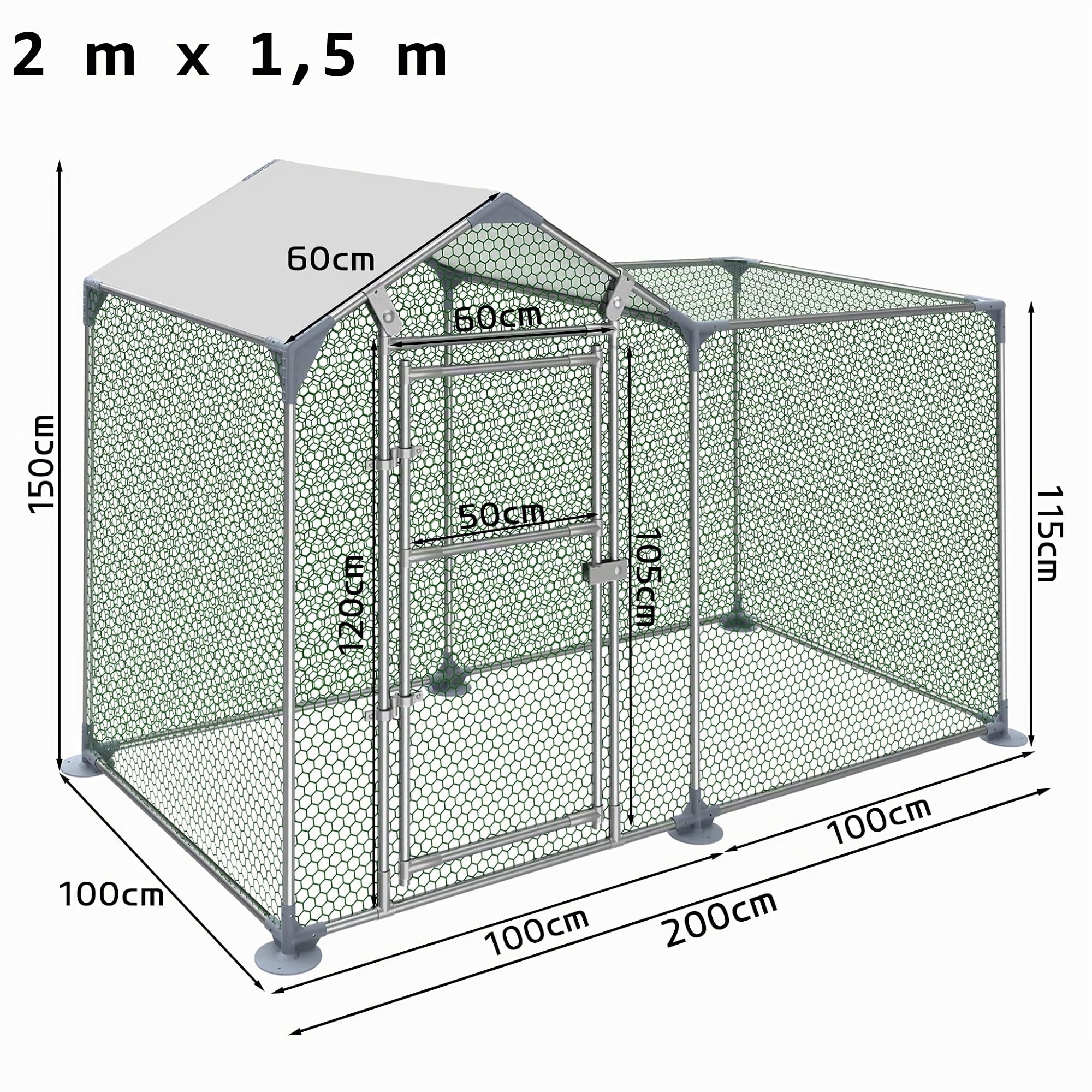 NAIZY Hühner Freilaufgehege mit Schloss, Hühnerstall 2 m x 1 m Hühnerhaus Verzinkter Stahlrahmen mit PE Sonnenschutzdach Kleintierstall, für Hühnerkäfig Geflügelstall Vogelkäfig