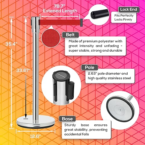 Miniatura 2 de DuraSteel Barreras de cinturón de puntal de control de multitudes  Puntos de acero inoxidable con cinturones retráctiles rojos de 6.5 pies  Soportes