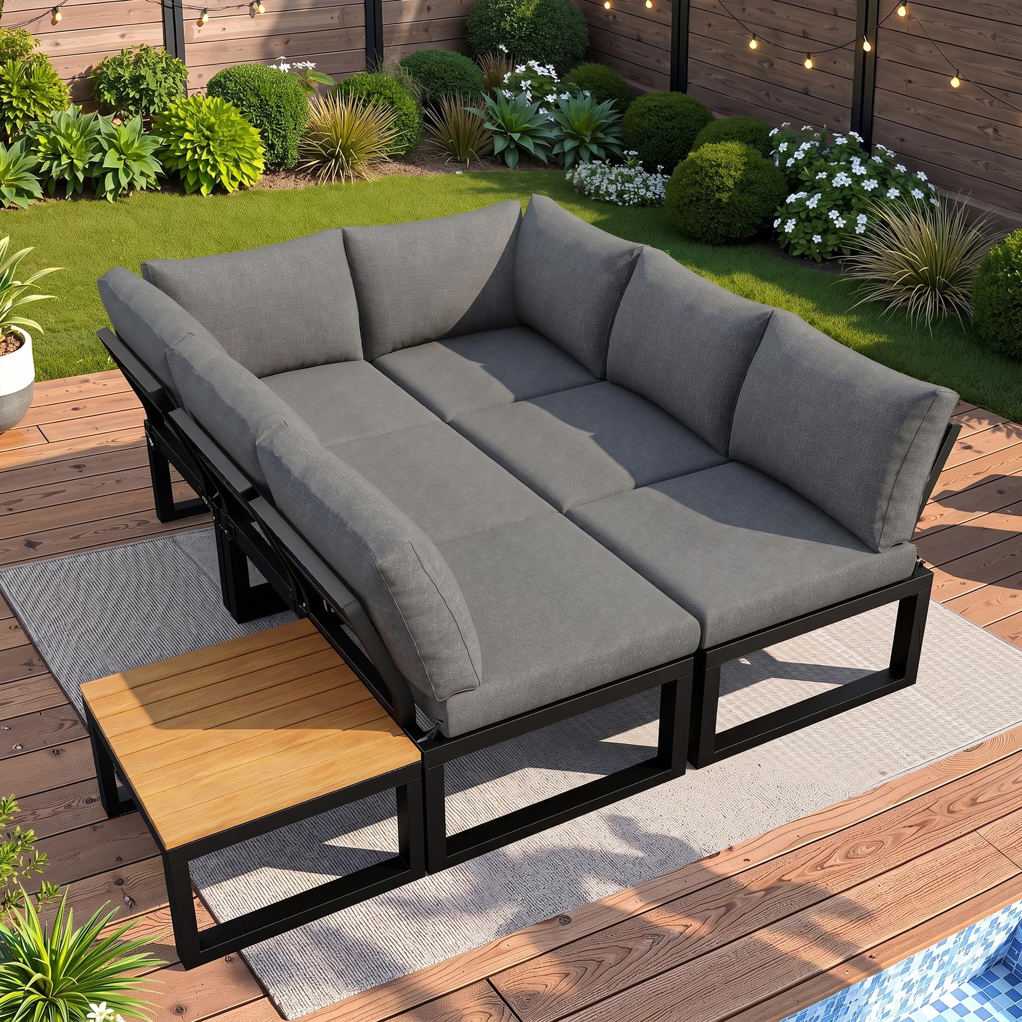 Sapgaks Ensemble de Salon de Jardin extérieur pour 6 Personnes avec Dossier réglable,canapé d'angle avec Table et Table Basse,Structure en Acier résistant aux intempéries (Gris-11)