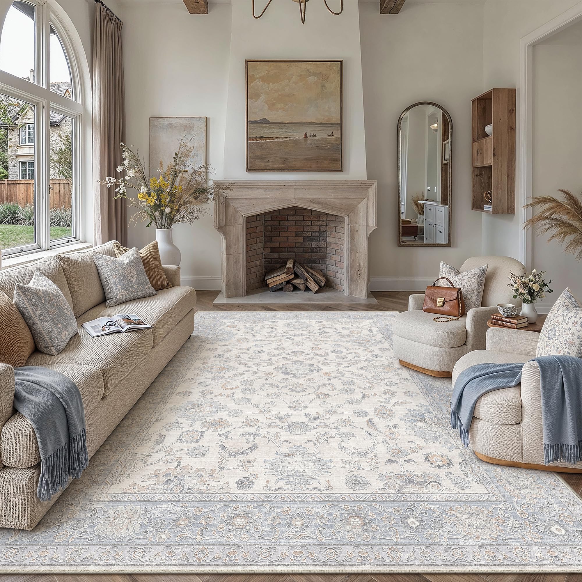 10x14 Blue Grey Floral Washable Area Rug