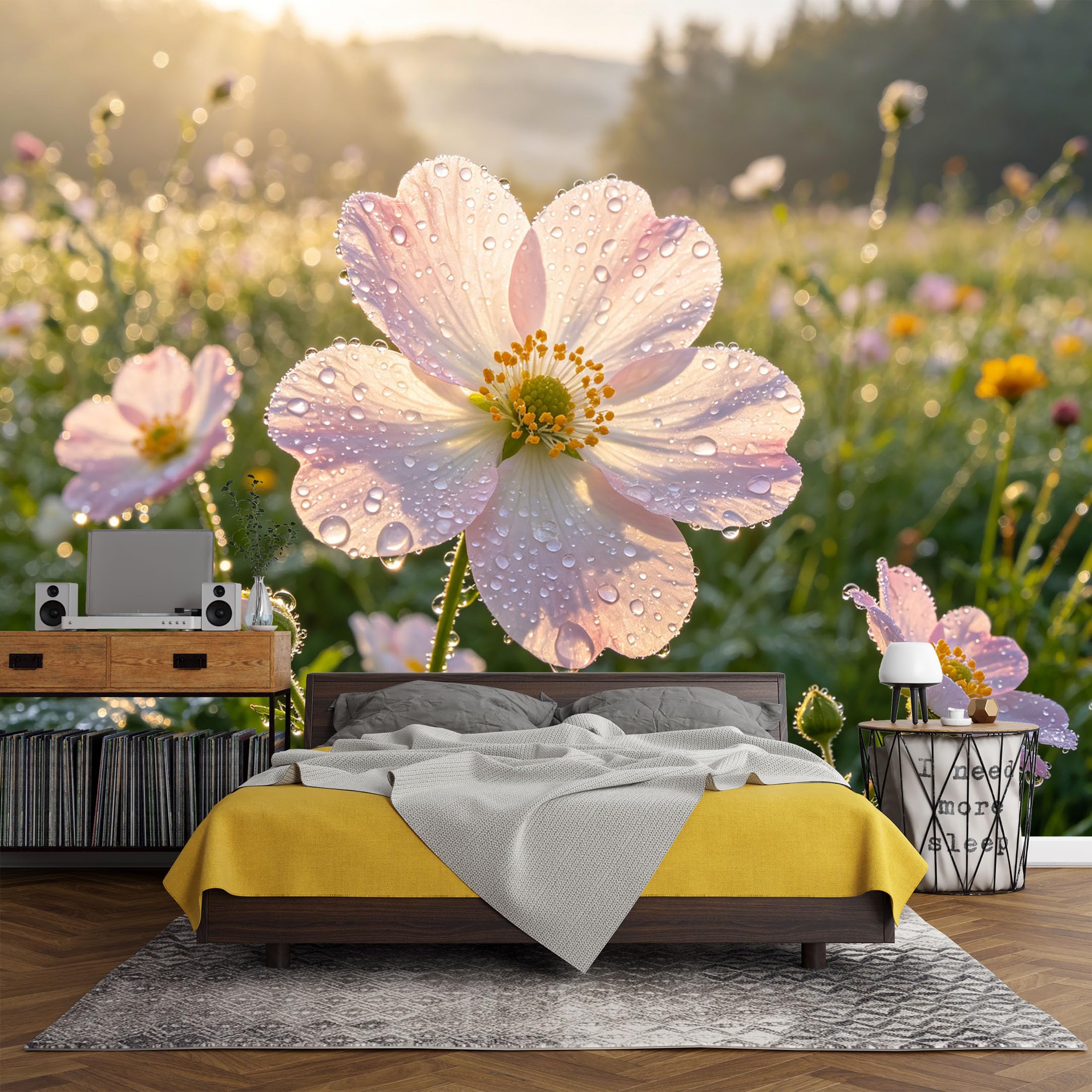 Custom Size Wall Mural， Botanical Morning Dew Flower Field Sunlight Bloom，SelfAdhesive Art Prints wall Fabric (No PVC) Removable Wallpaper Living Room Decor