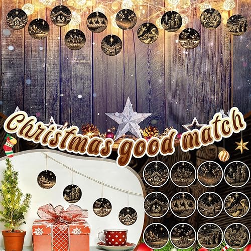 Miniatura 4 de Soaoo 36 adornos de pesebre a granel para árbol de Navidad, adornos de escena de madera a granel, decoraciones redondas para colgar en el árbol de