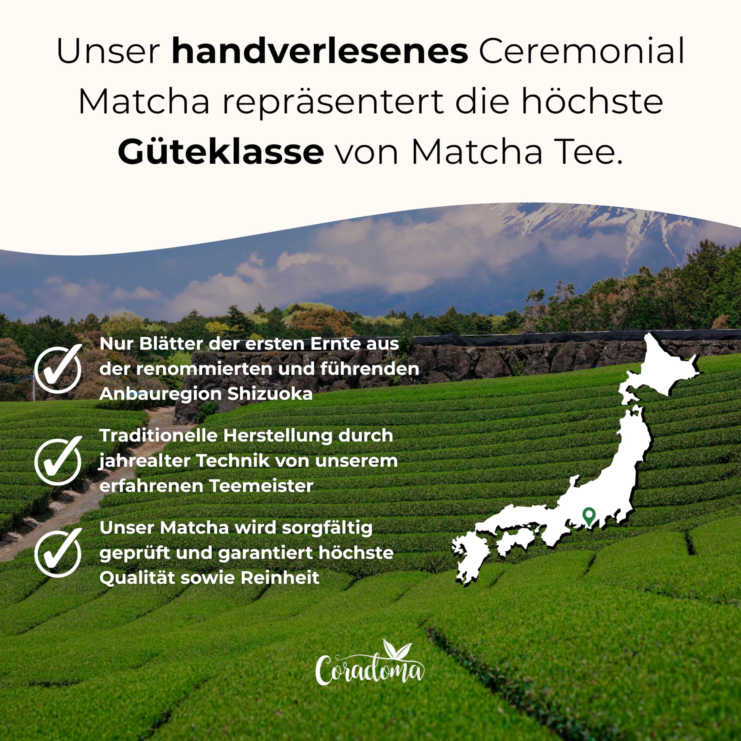 Ceremonial Grade Matcha – Reines handgemahlenes Matcha Pulver aus Japan – Original Japanischer Grüntee aus Erster Ernte – 100g Beutel – Höchste Qualität, Traditionell und 100% Natürlich