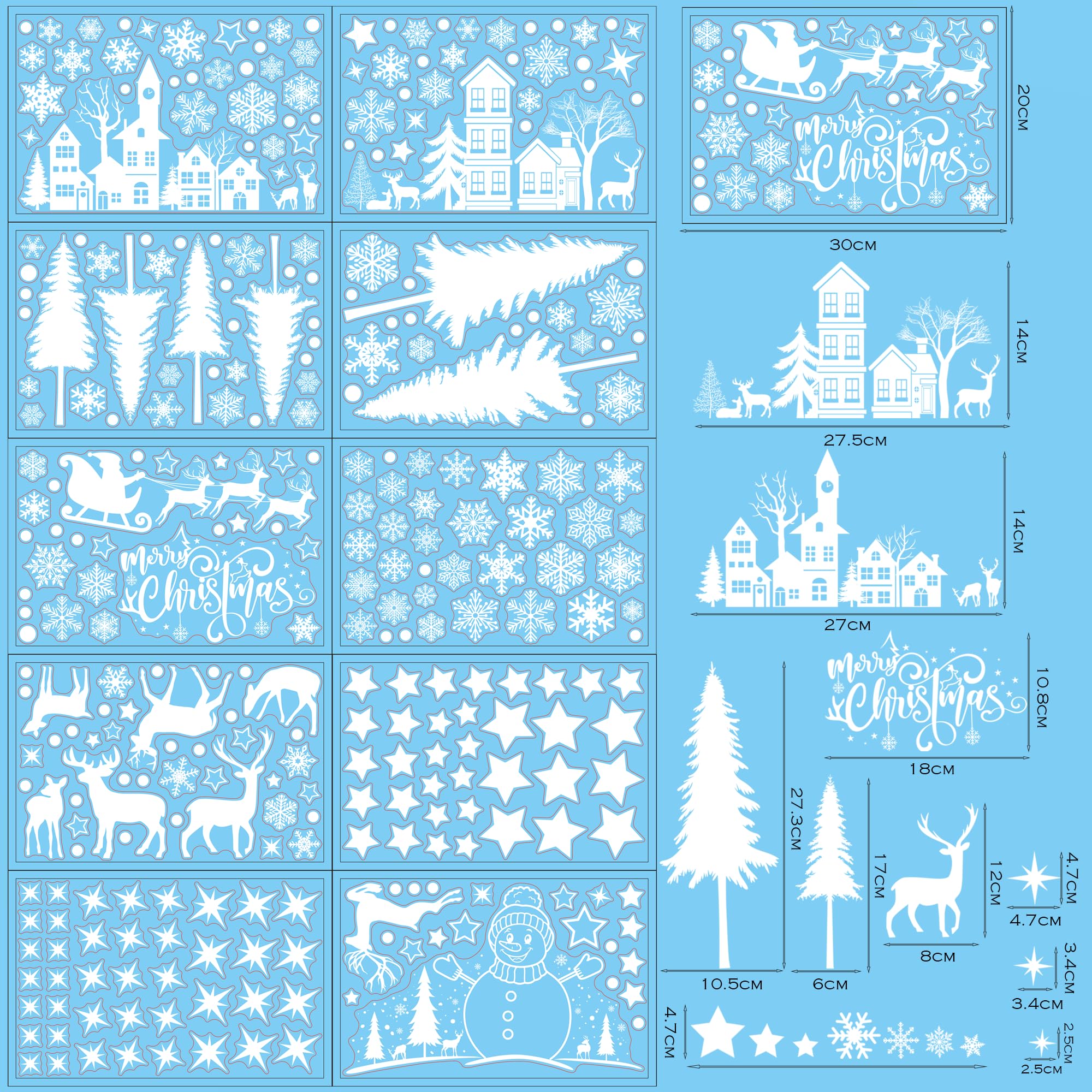 Vetrofanie Natalizie per Finestre, Adesivi Natalizi Finestre Riutilizzabili, Adesivi Natale Fiocchi di Neve, Colorato Vetrofanie Natale Removibili Alci Babbo Decorazioni per Vetrine Casa 9 fogli