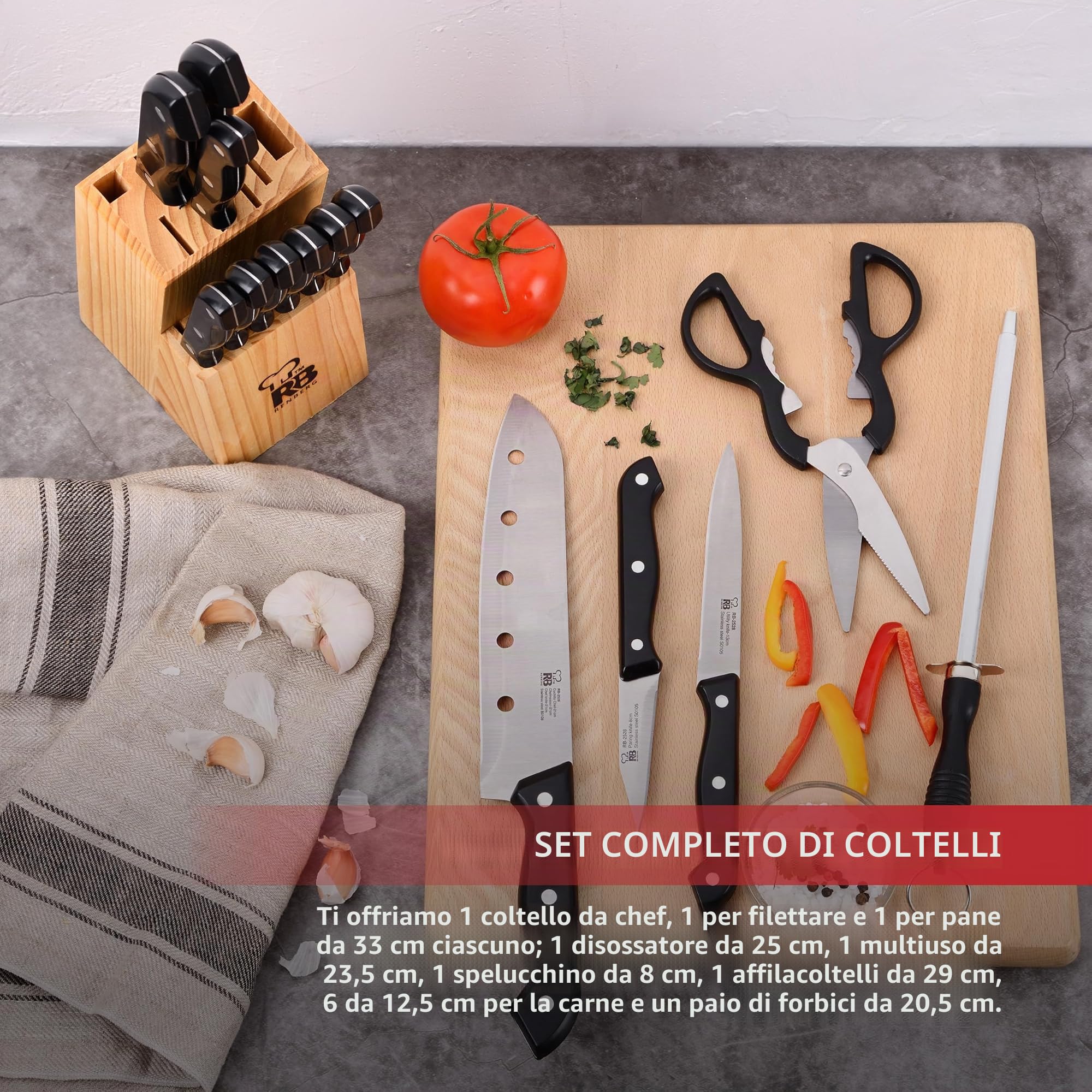 RENBERG Tenessy | Coltelli da Cucina | Set Completo di 15 Pezzi con Ceppo di Legno | Perfetti per Tagliare Ogni Ingrediente | Cucina Professionale | Fabbricati in Acciaio Inox