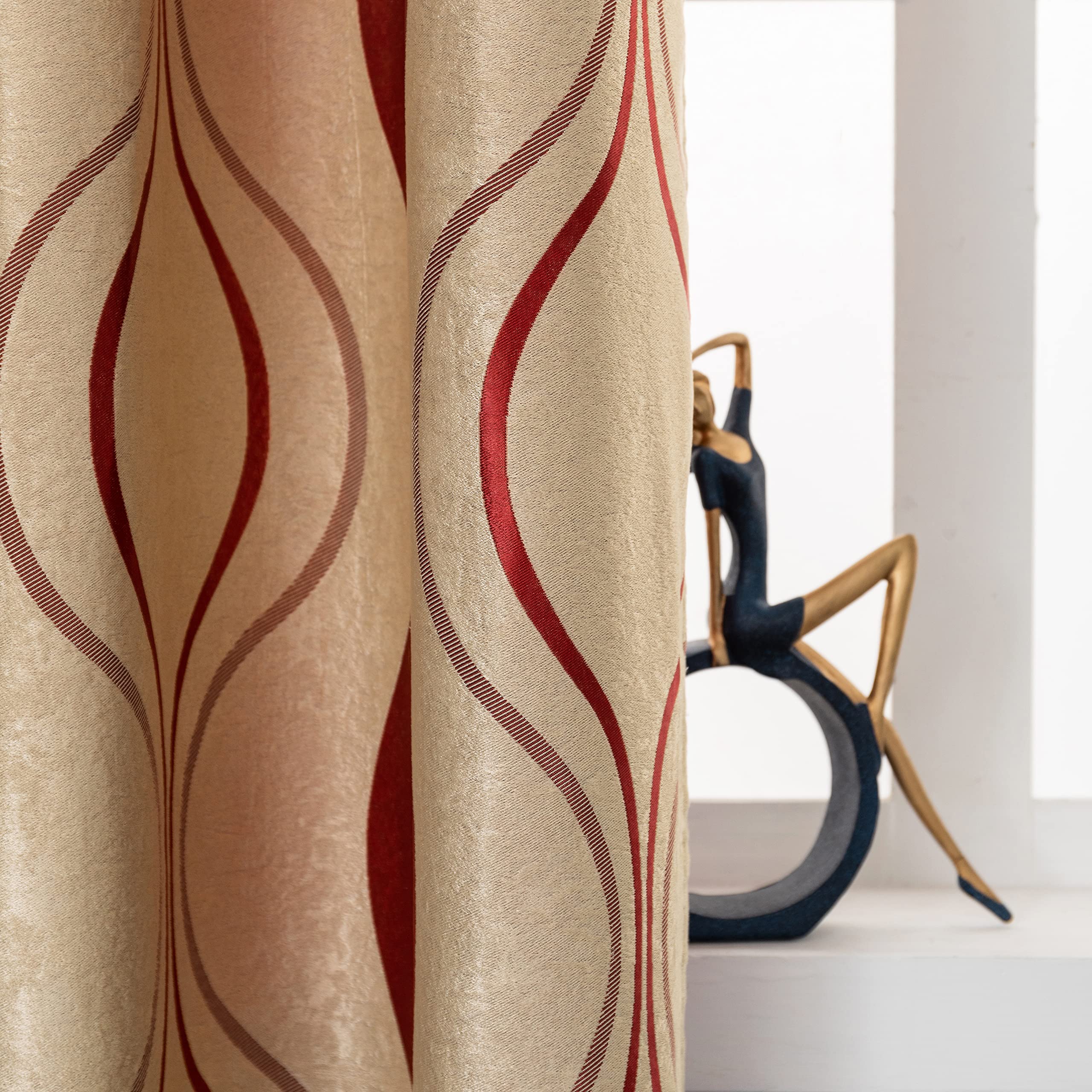 GIRASOLE HOME® Paire de rideaux jacquard semi-opaques à motif ondulé, tende molle isolante thermique pour salon, chambre et intérieur, 2 panneaux avec œillets (Or-Rouge, 140 x 275 cm)