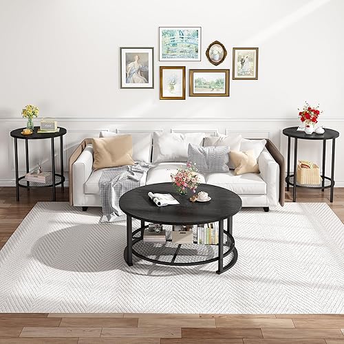 Miniatura 8 de DKLGG Mesas de centro negras de 3 piezas para sala de estar, mesa de centro redonda de madera de 3 piezas, mesas auxiliares y mesas auxiliares con