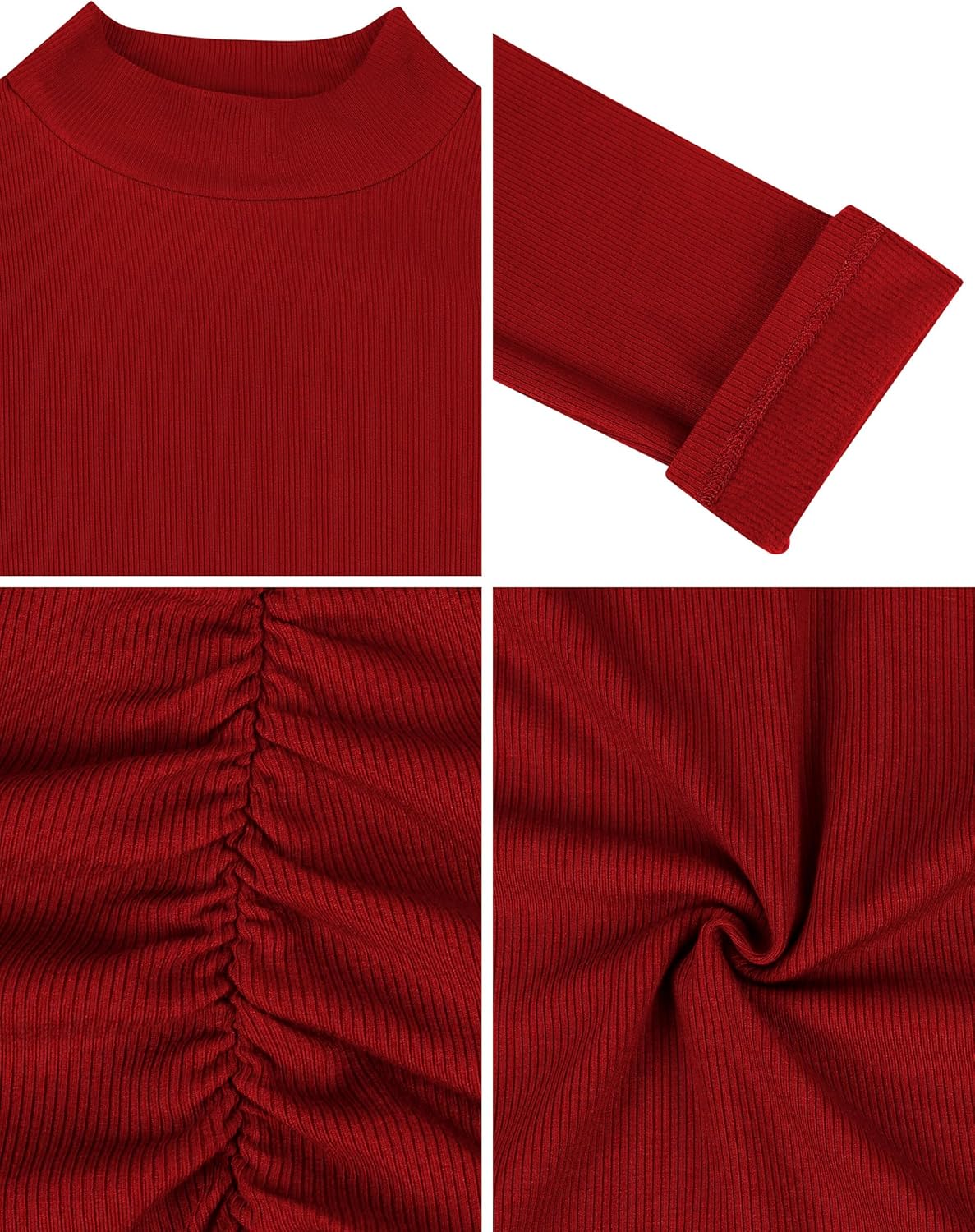 Missufe Women's Mock Neck Long Sleeve Dress Ruched Bodycon Ribbed Knit Basic T Shirt Short Dresses - Image 6