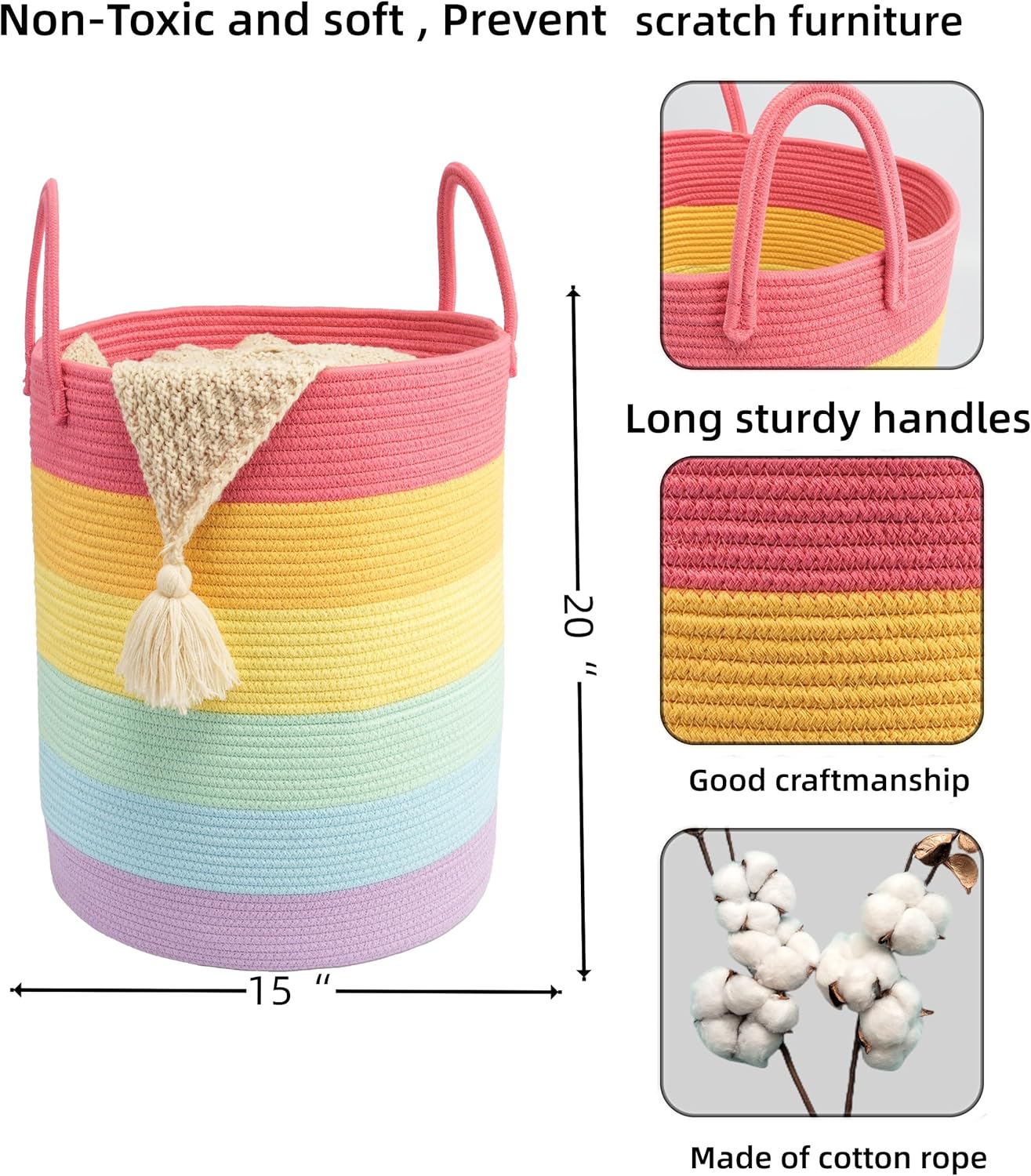 Woven Cotton Rope Laundry basket-15”X20” Laundry Hamper-Rope Storage Basket for Dirty Clothes, Toys and Blankets Perfect for Bathroom, Baby nursery and Living Room Storage (rainbow) - Image 2