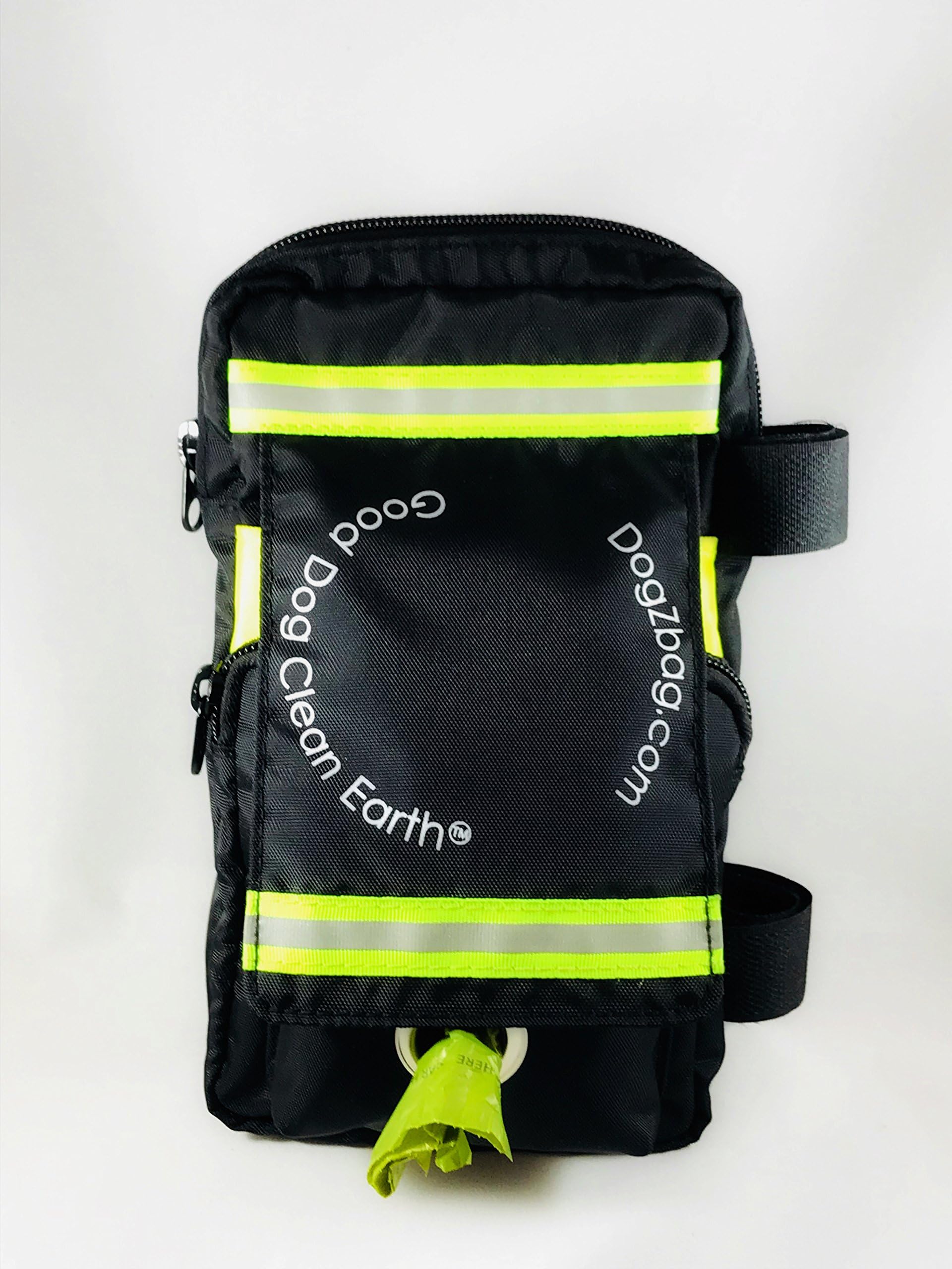 Dog Walking Bag - 5 Separate Pockets. Holds Keys, Cash, Dog Treats, Poop Bags, Cell Phone, Water Bottle and Used Waste Bags. Easily attaches to Your Leash. Black with neon Green Reflective Tape.